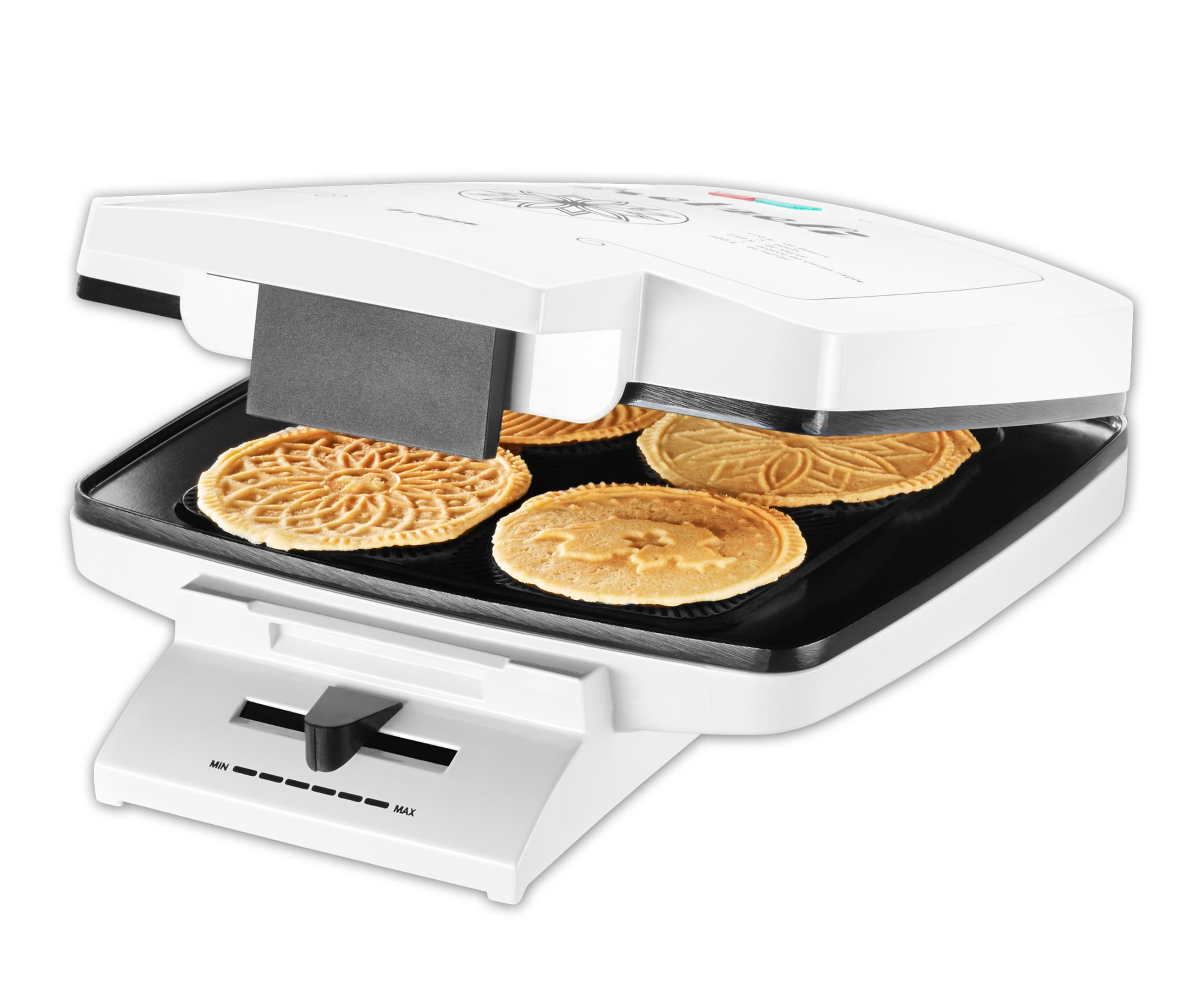 Brezelwaffeln werden in einem weißen Waffeleisen hergestellt. Mehrere fertige Waffeln.