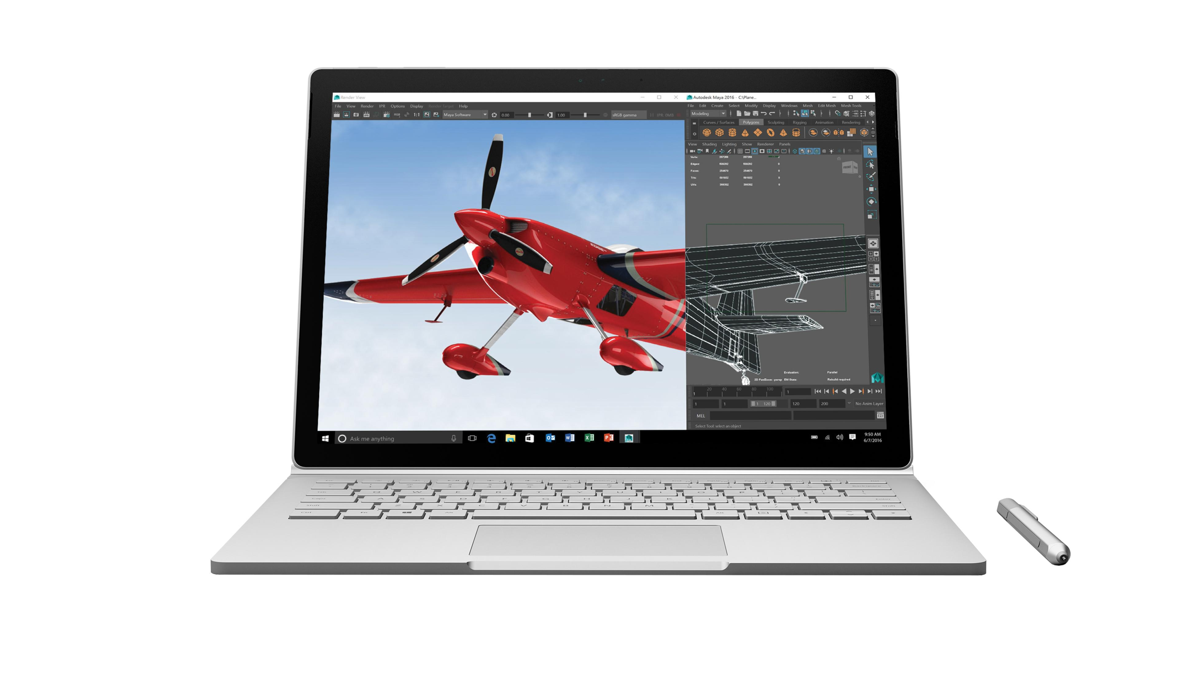 Laptop mit Flugzeugdesign-Software und rotem Flugzeug.