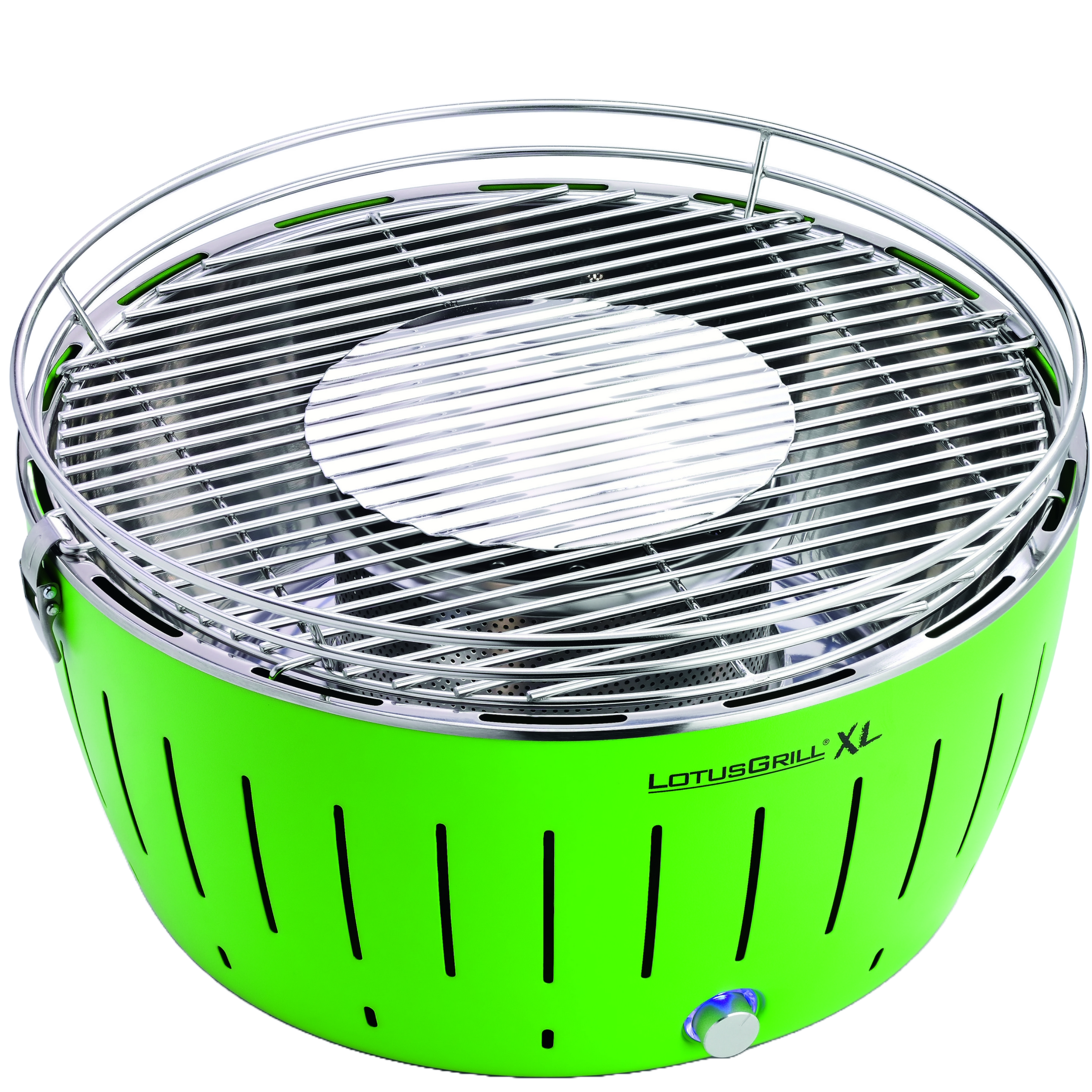 Ein grüner Lotus Grill XL-Grill. Er hat eine kreisförmige Grillfläche.