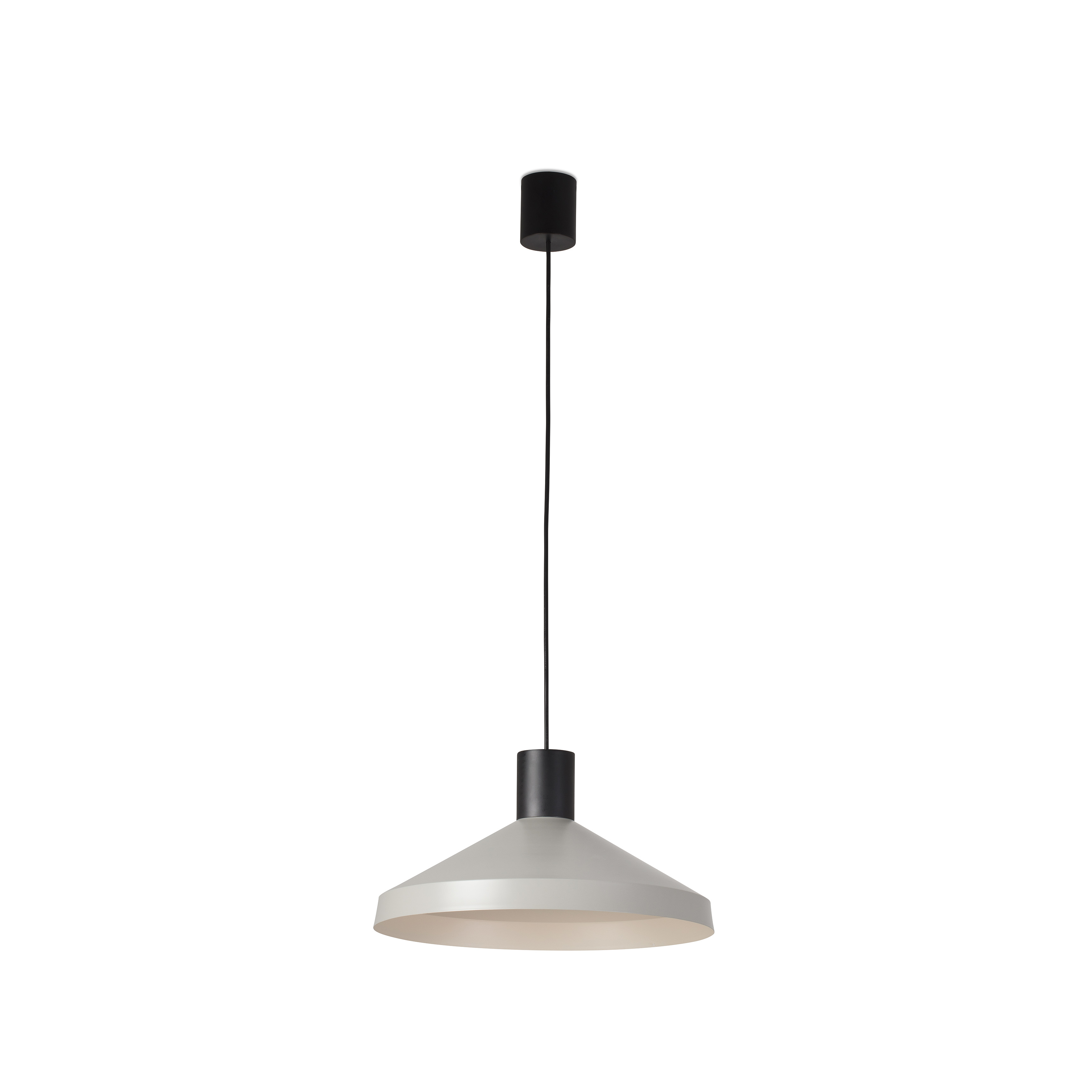 Lampada a sospensione bianca e grigia. Cavo nero, parte superiore nera, paralume conico grigio chiaro, sfondo bianco.