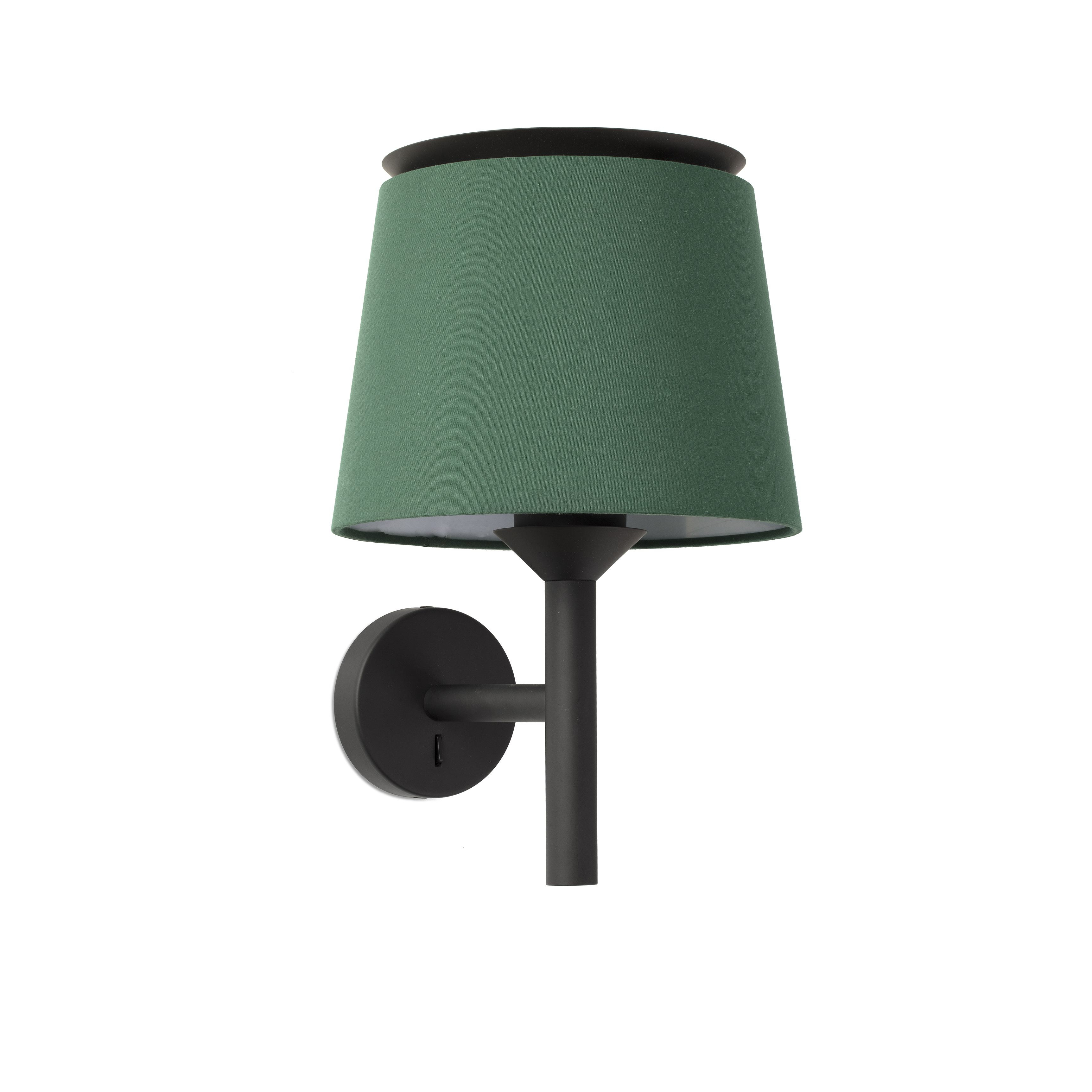Lampada da parete con paralume verde e cornice nera.