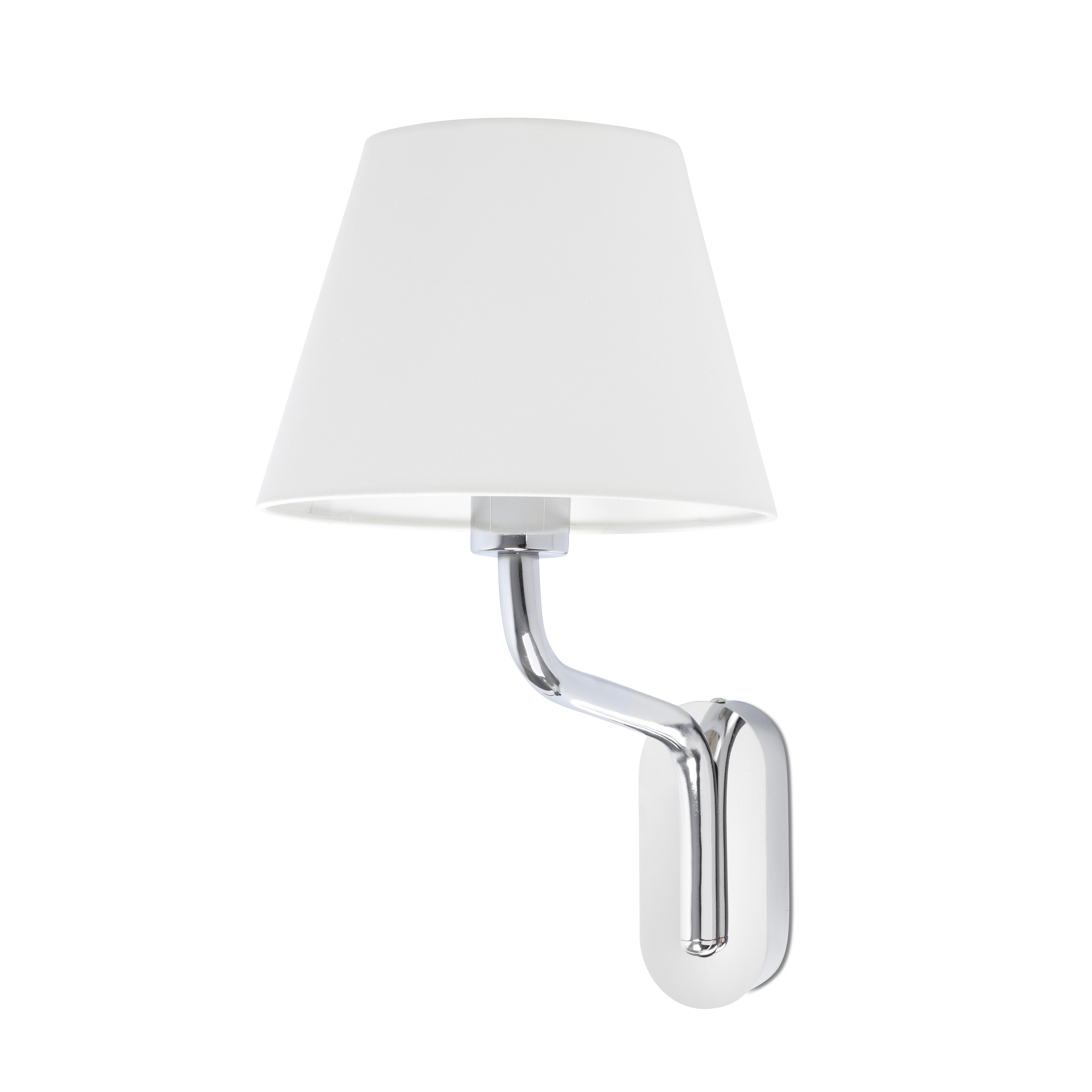Lampada da parete con paralume bianco e braccio argentato, montata su parete bianca.