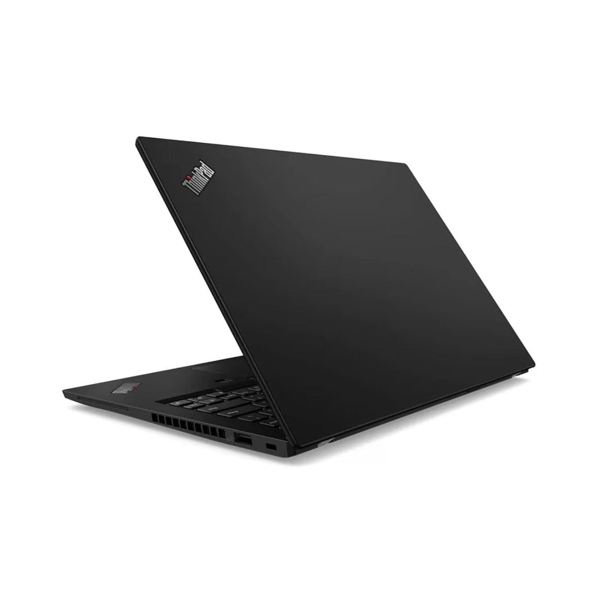 Schwarzer Laptop auf weißem Hintergrund, abgewinkelt, mit sichtbarem ThinkPad-Logo.
