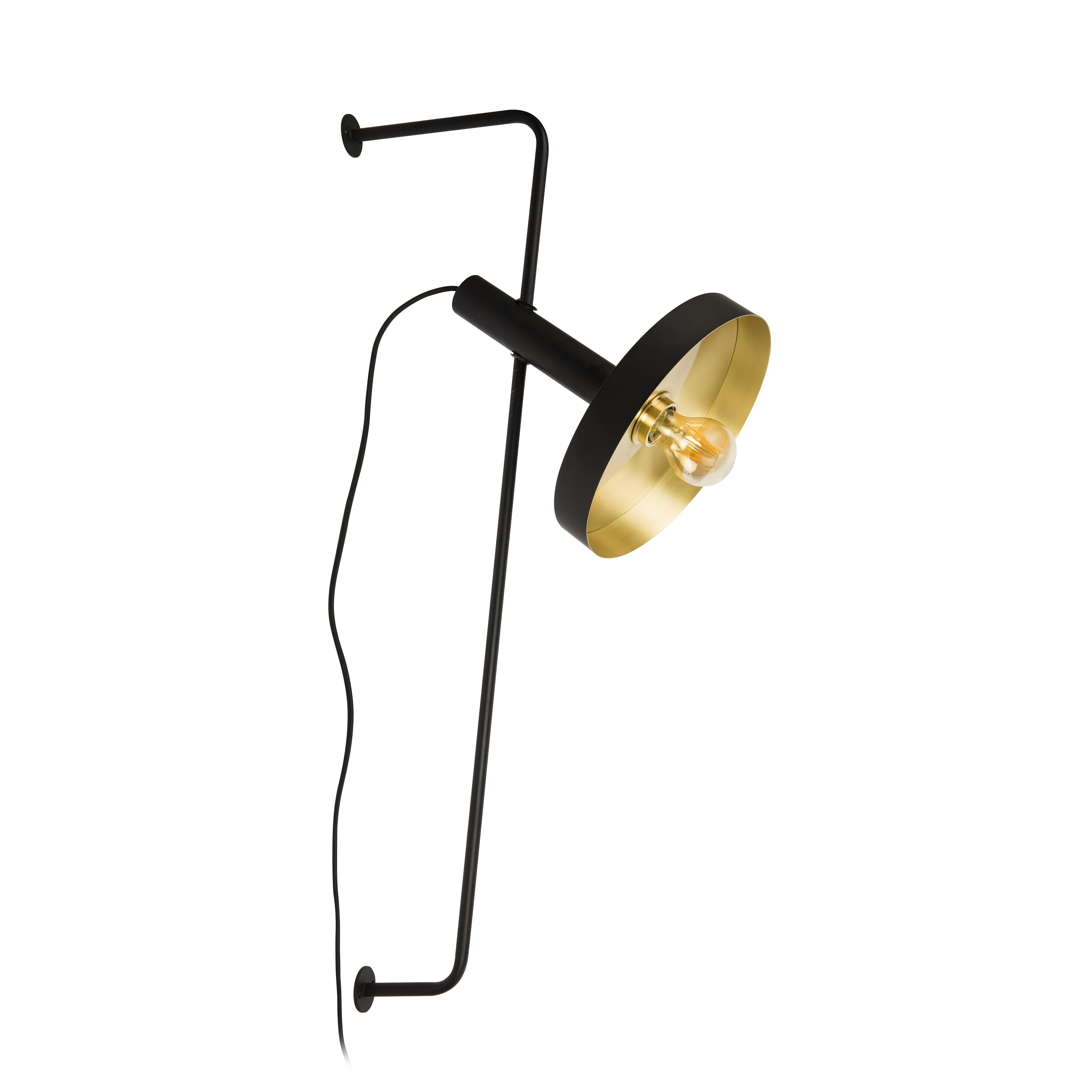 Una lampada da parete nera e dorata con una lampadina a vista. È posizionata su uno sfondo bianco.