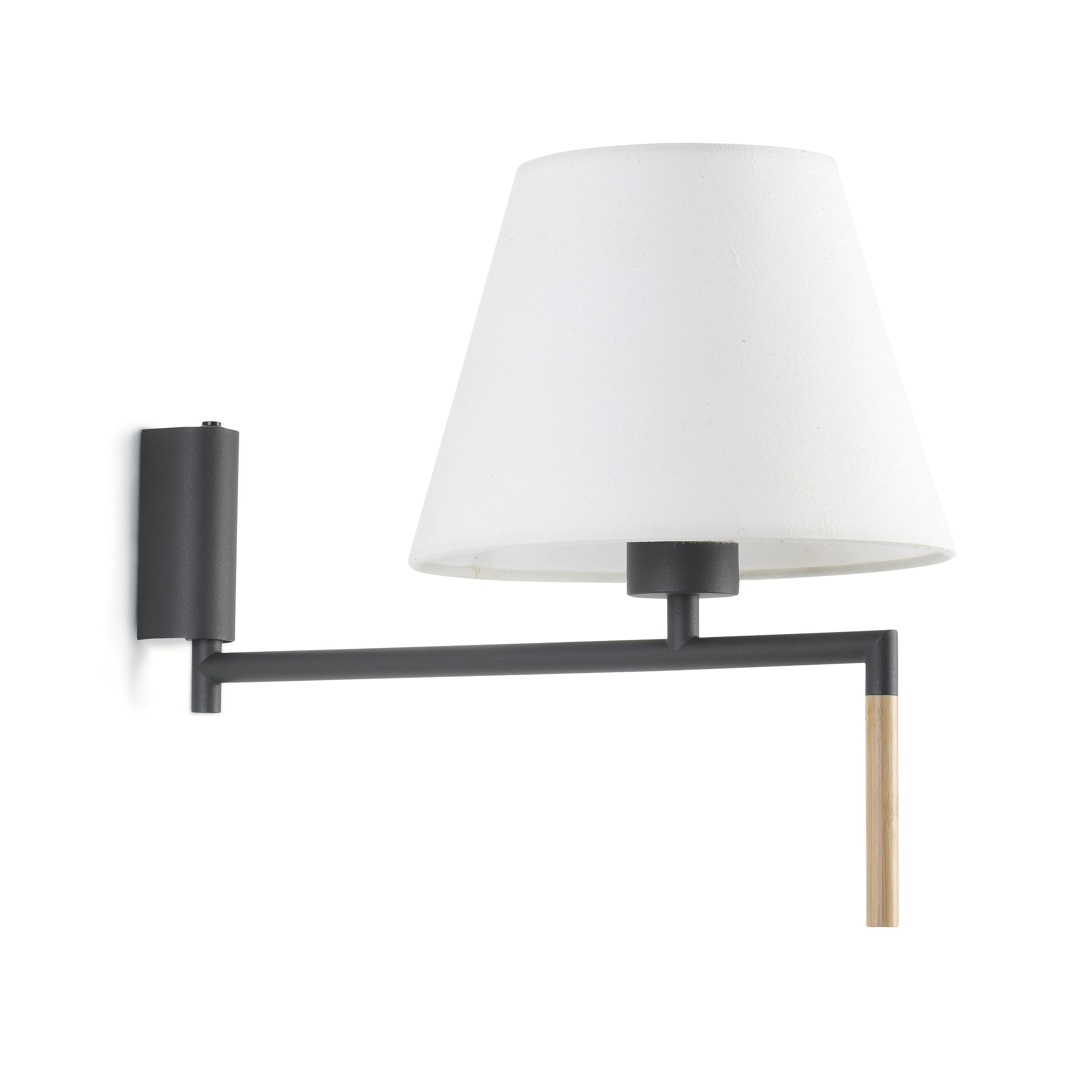 Lampada da parete con paralume bianco e dettaglio in legno. Supporto e braccio neri.