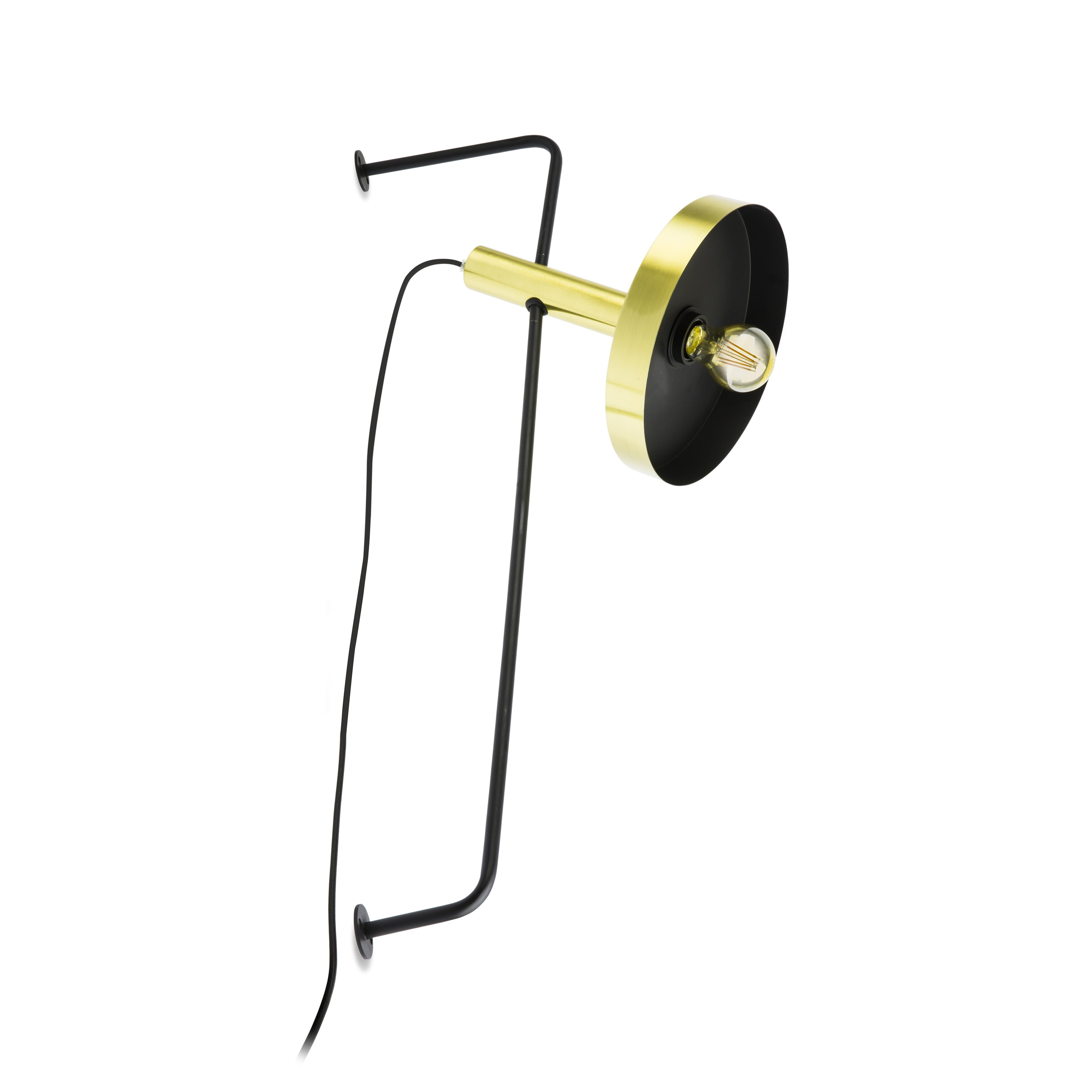 Lampada da parete con disco nero e oro, lampadina e braccio nero.
