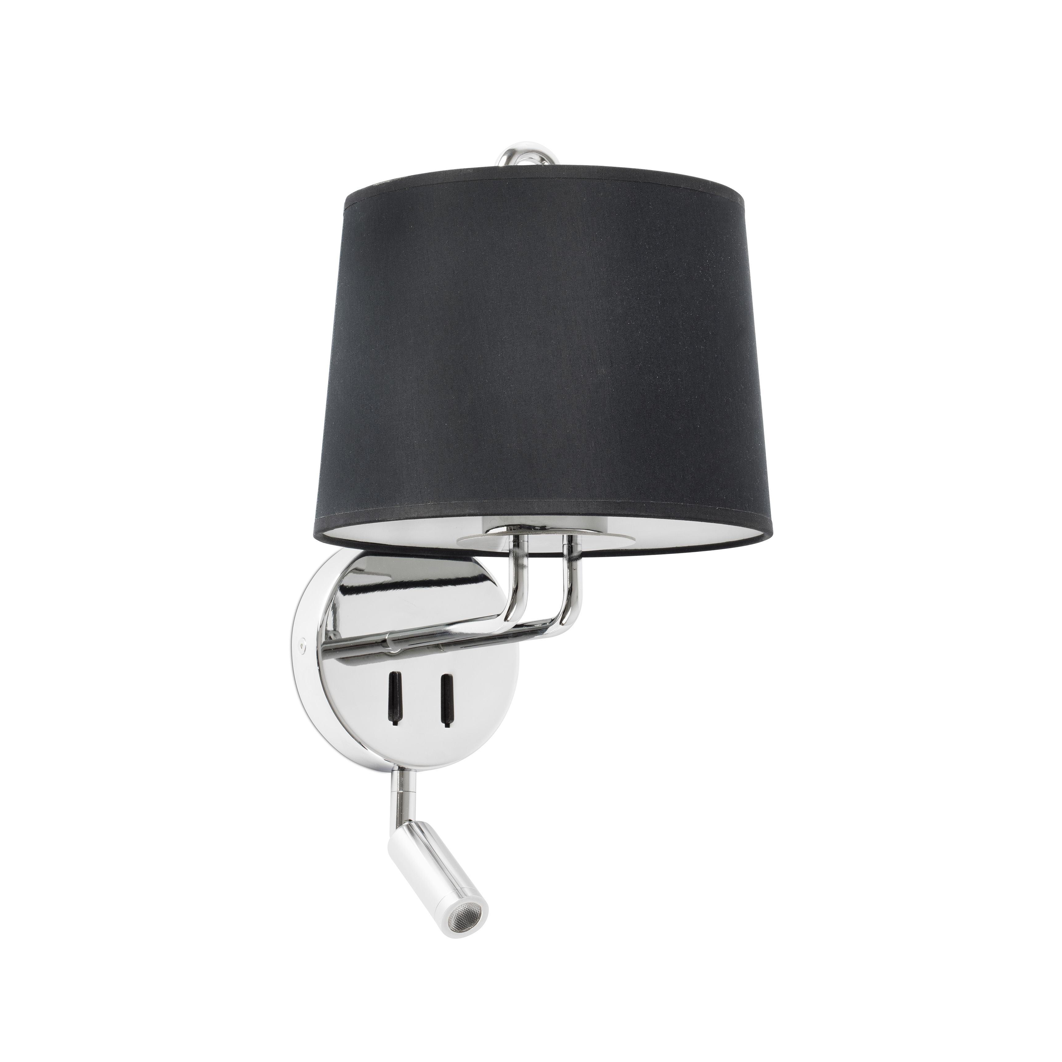 Lampada da parete con paralume nero. Base cromata e luce di lettura.