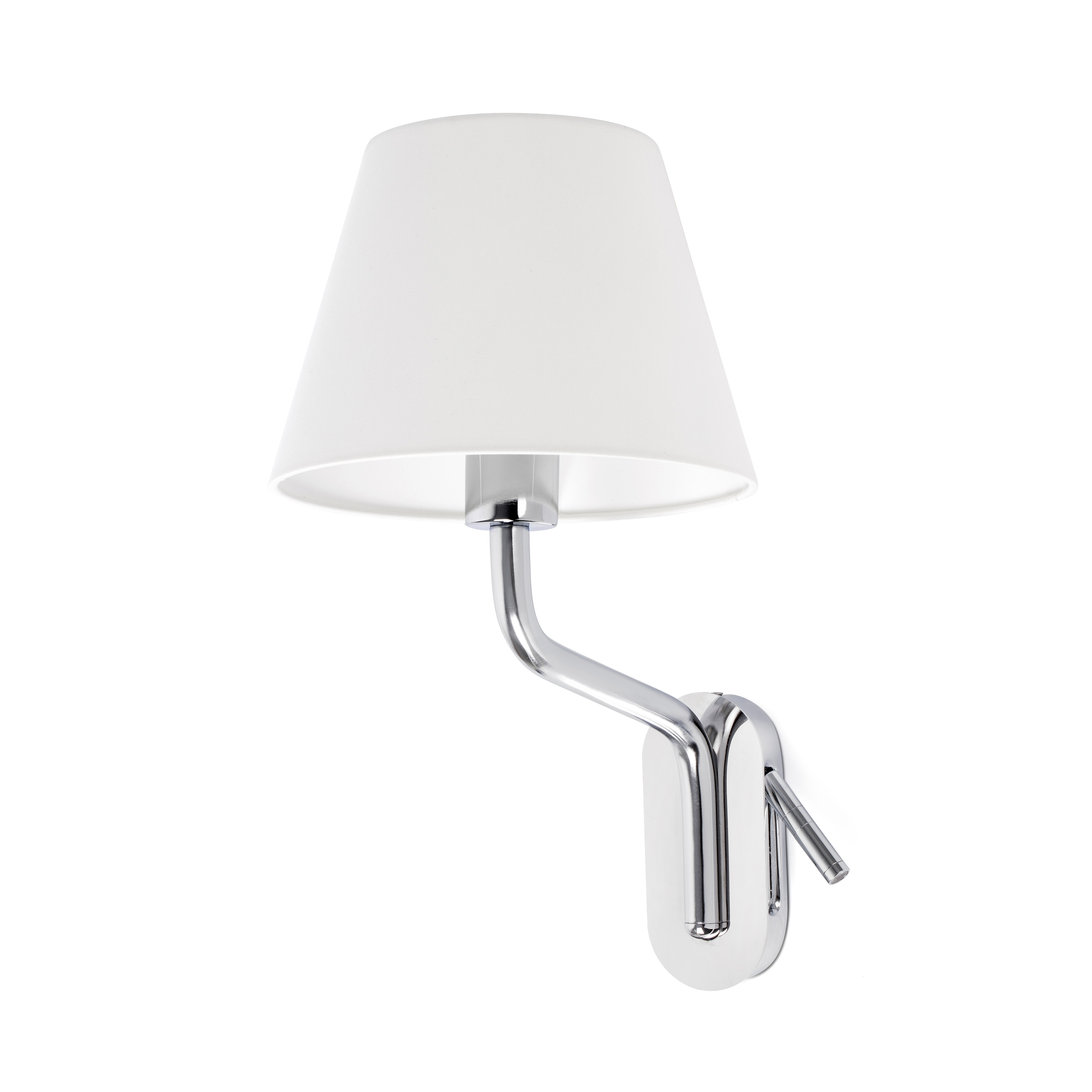 Lampada da parete con paralume conico bianco e braccio cromato, sfondo bianco.