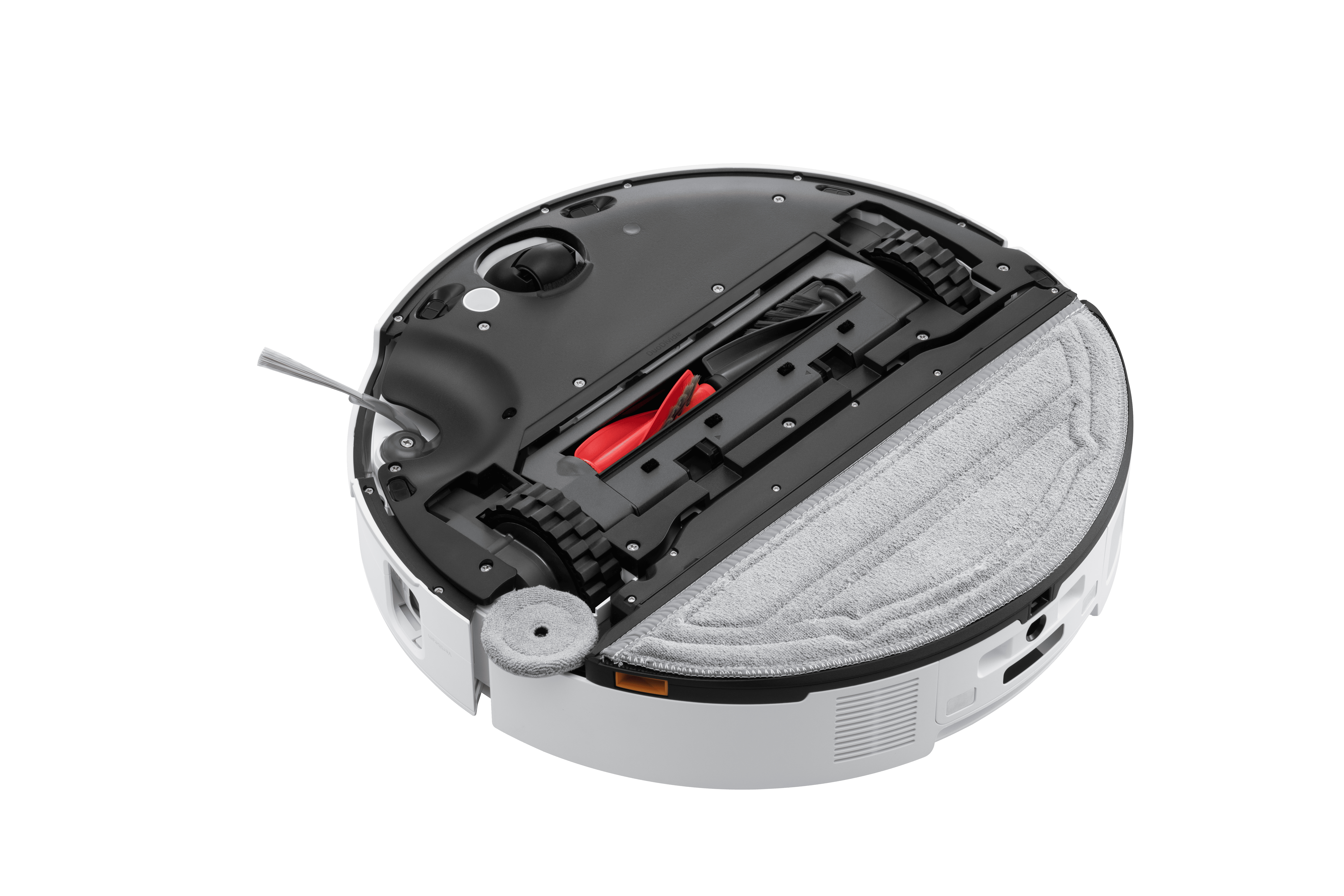 Robot odkurzający, widok od dołu. Pokazuje koła, szczotki i podkładkę czyszczącą.