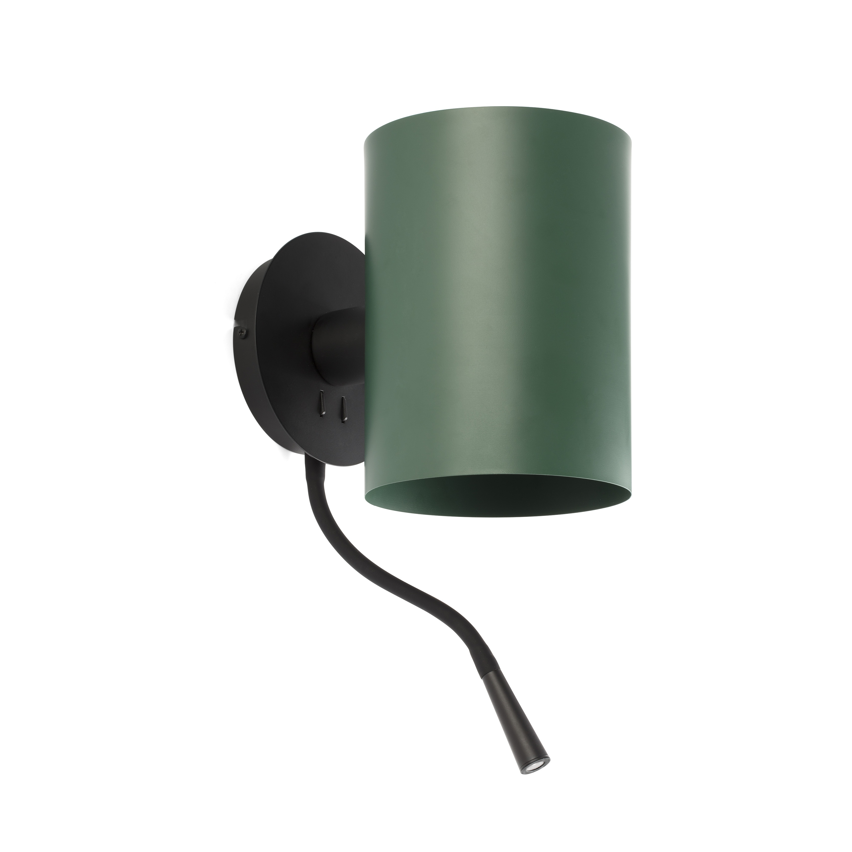 Una lampada da parete cilindrica verde con un braccio nero e una piccola luce alla fine.