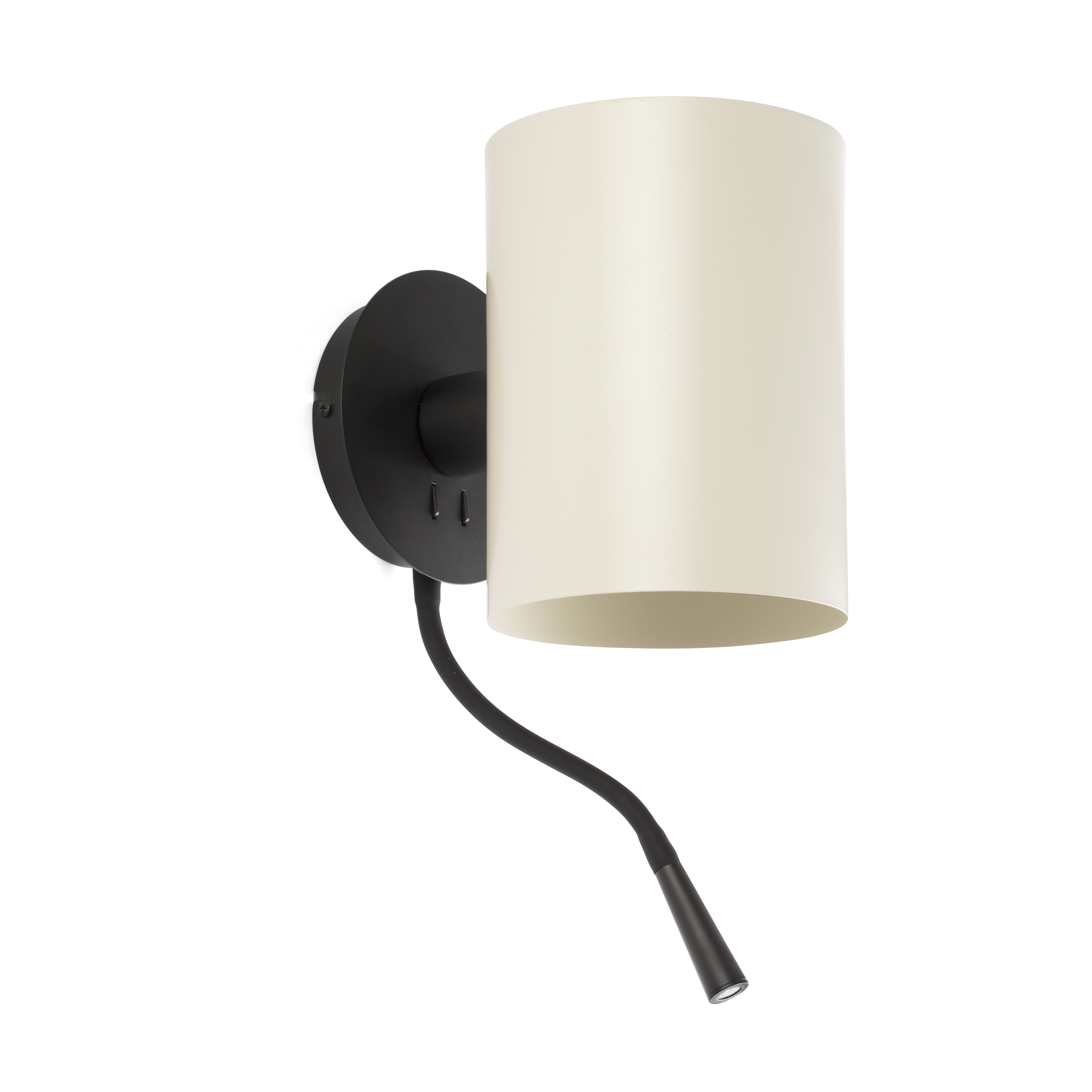 Una lampada da parete con paralume cilindrico bianco e un faretto nero flessibile sotto.