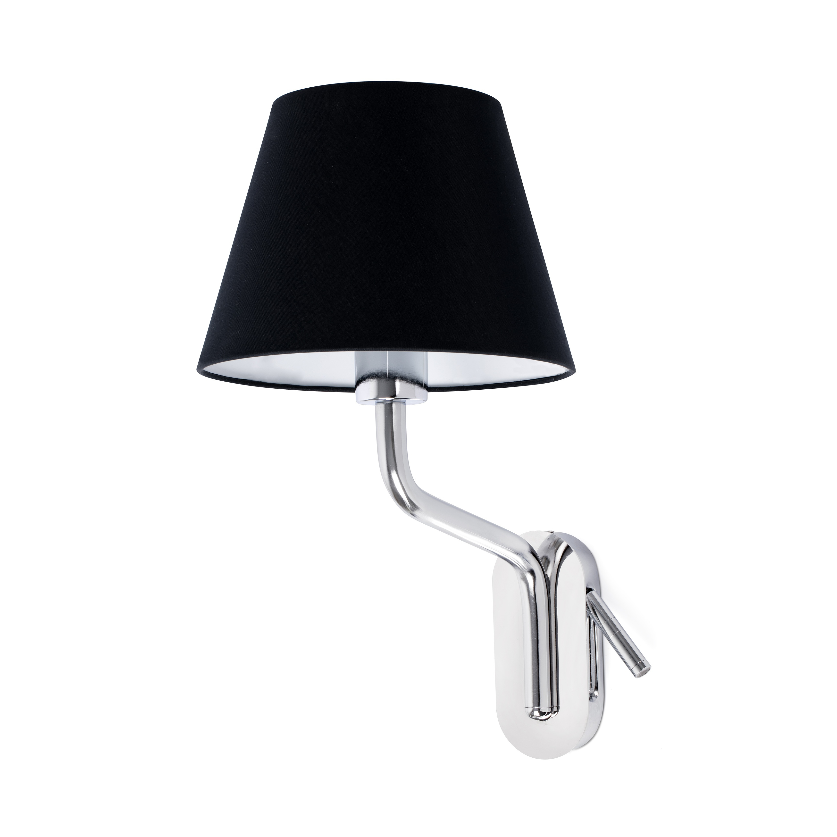 Lampada da parete con paralume nero, braccio argentato e supporto. Sfondo bianco.