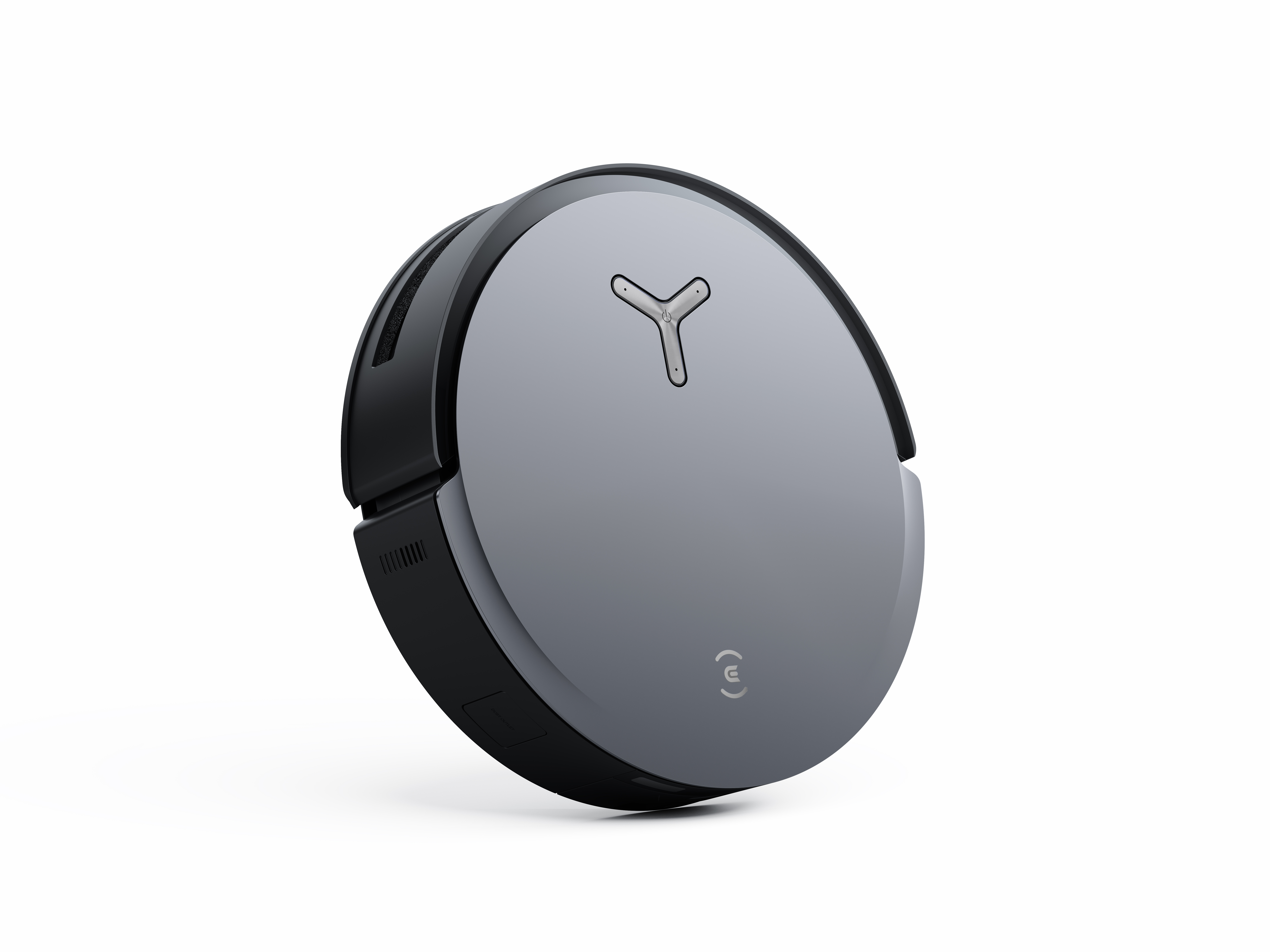 Robot odkurzający, szary i czarny, widok pod kątem, białe tło.
