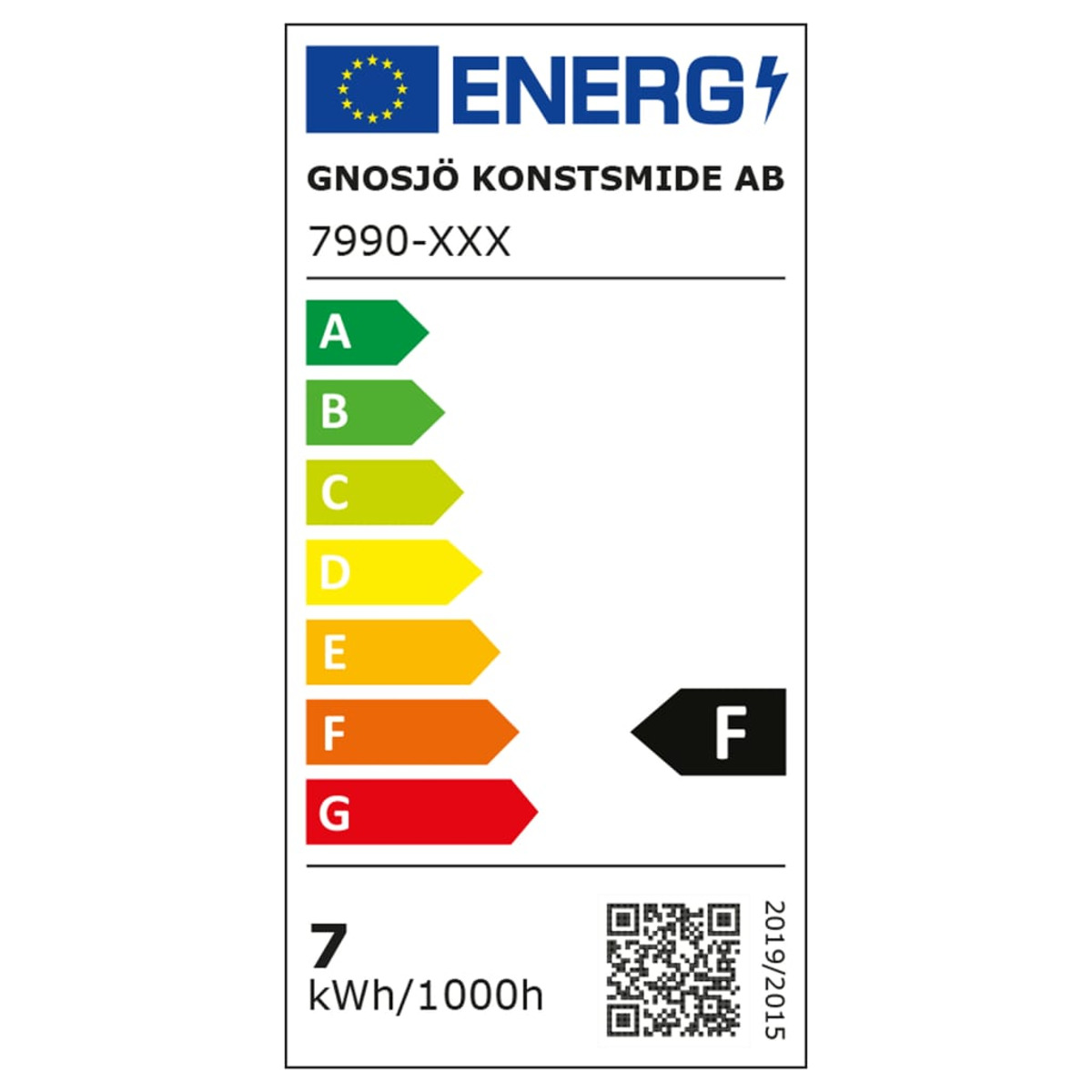 Energielabel. Zeigt Energieeffizienzklassen und enthält einen QR-Code.