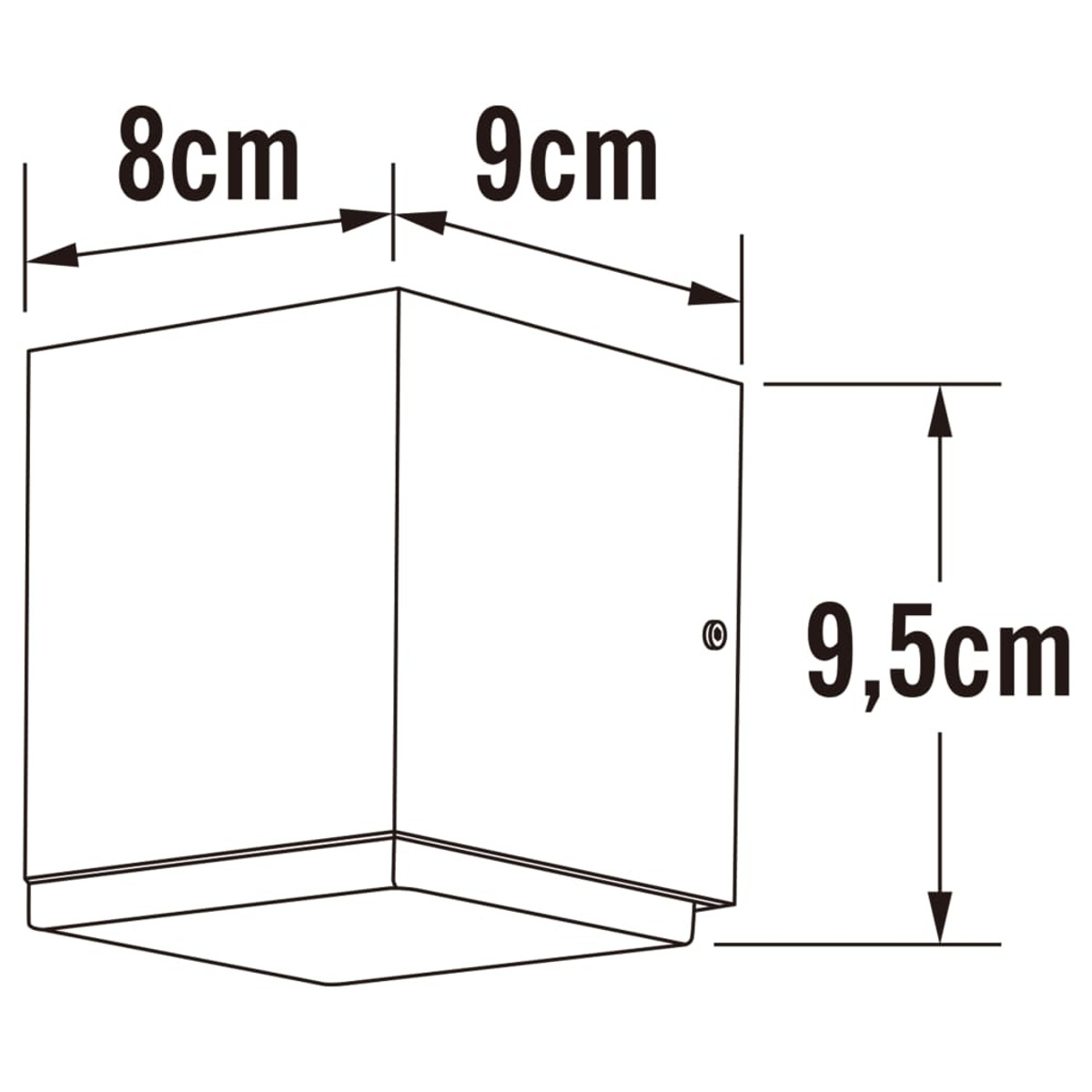 Diagramm einer quadratischen Wandleuchte mit den Abmessungen: 8cm x 9cm x 9,5cm. An der Seite befindet sich eine Schraube.