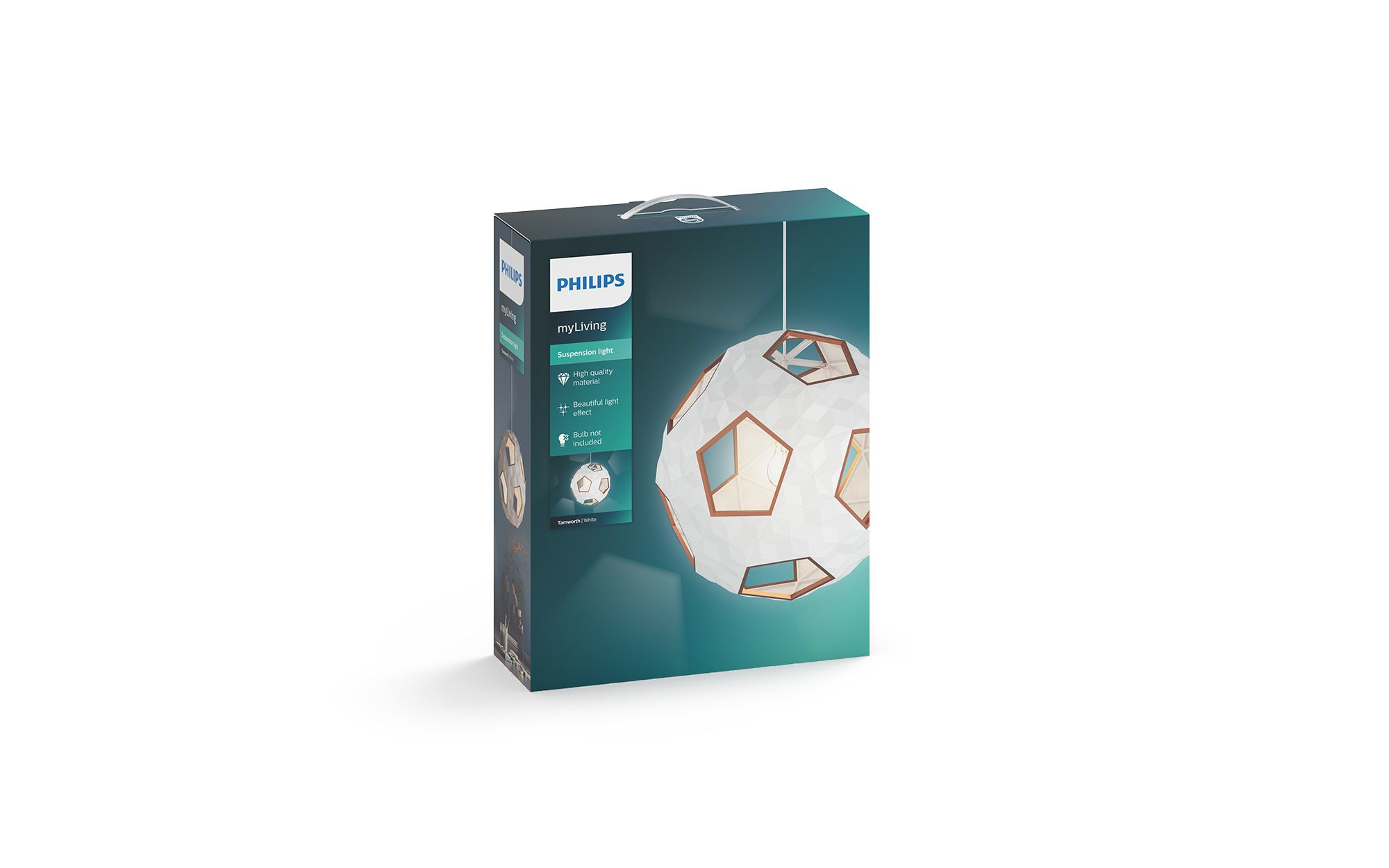 Una caja de producto con un diseño blanco y turquesa, que muestra una lámpara colgante.