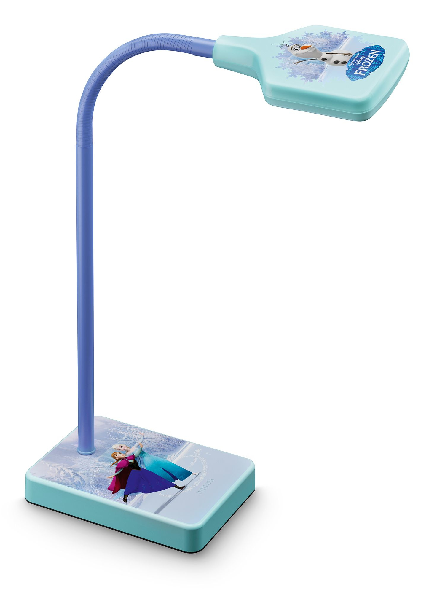 Una lámpara de escritorio azul con tema Frozen, Olaf y Elsa sobre fondo blanco.
