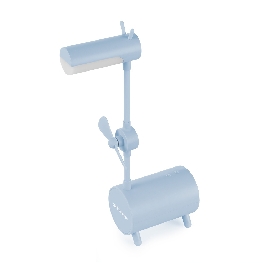Blaue Tischlampe mit Ventilator, zylindrischer Basis und Licht.