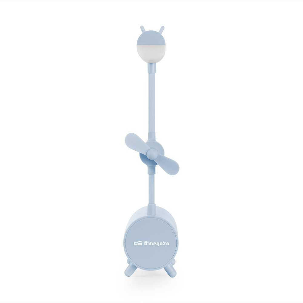 Blaue Tischlampe mit Ventilator und Licht oben, mit zylindrischer Basis.