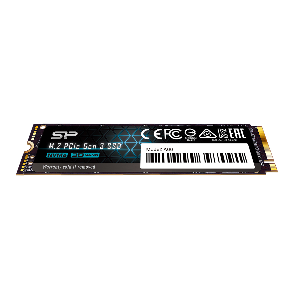 Un SSD SP M.2 PCIe Gen 3 negro sobre fondo blanco. Contiene marcas y texto como 'NVMe 3D NAND'.