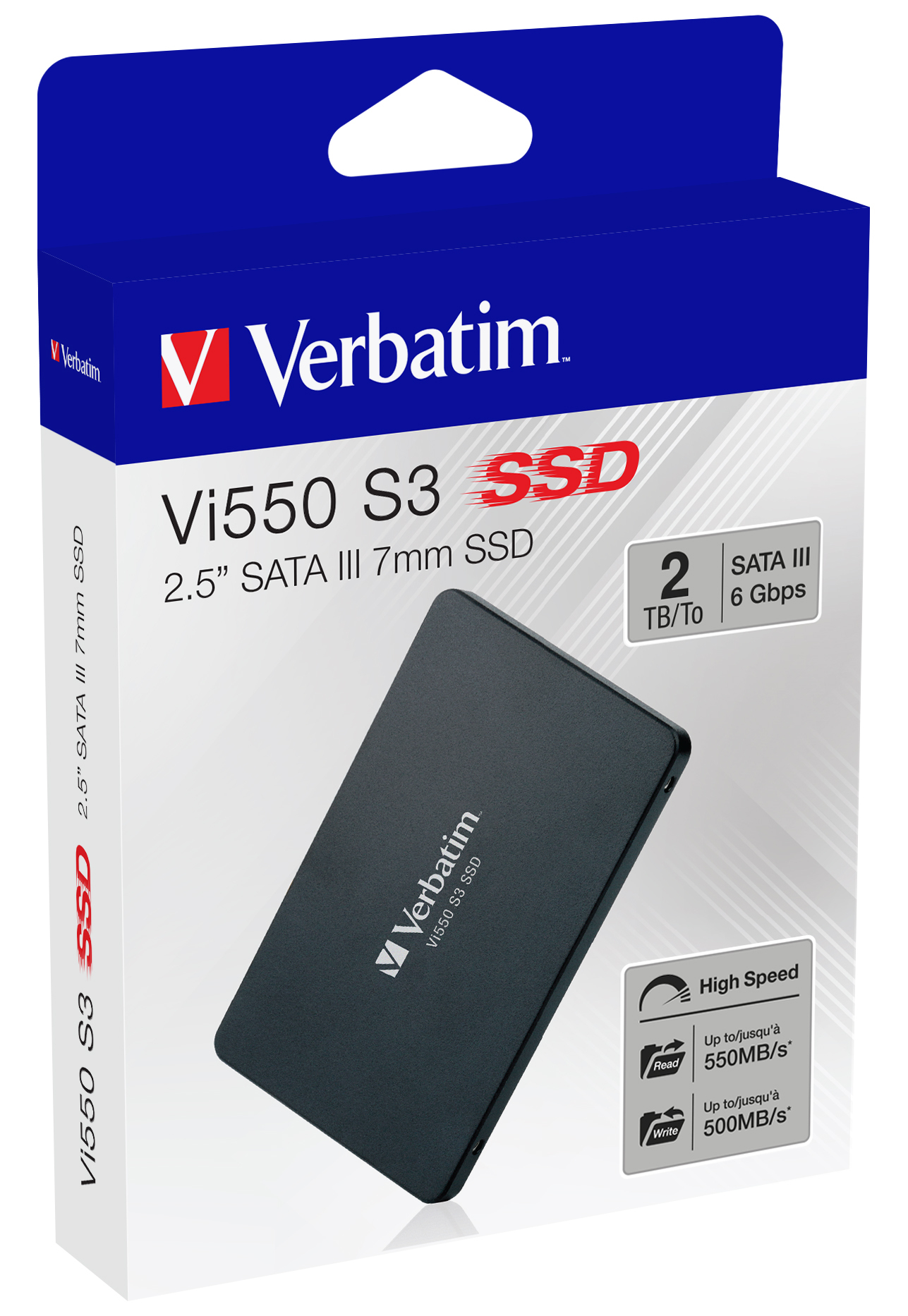 Dysk SSD Verbatim Vi550 S3 w pudełku, niebieskie pudełko, czarny dysk SSD, biały tekst i logo.
