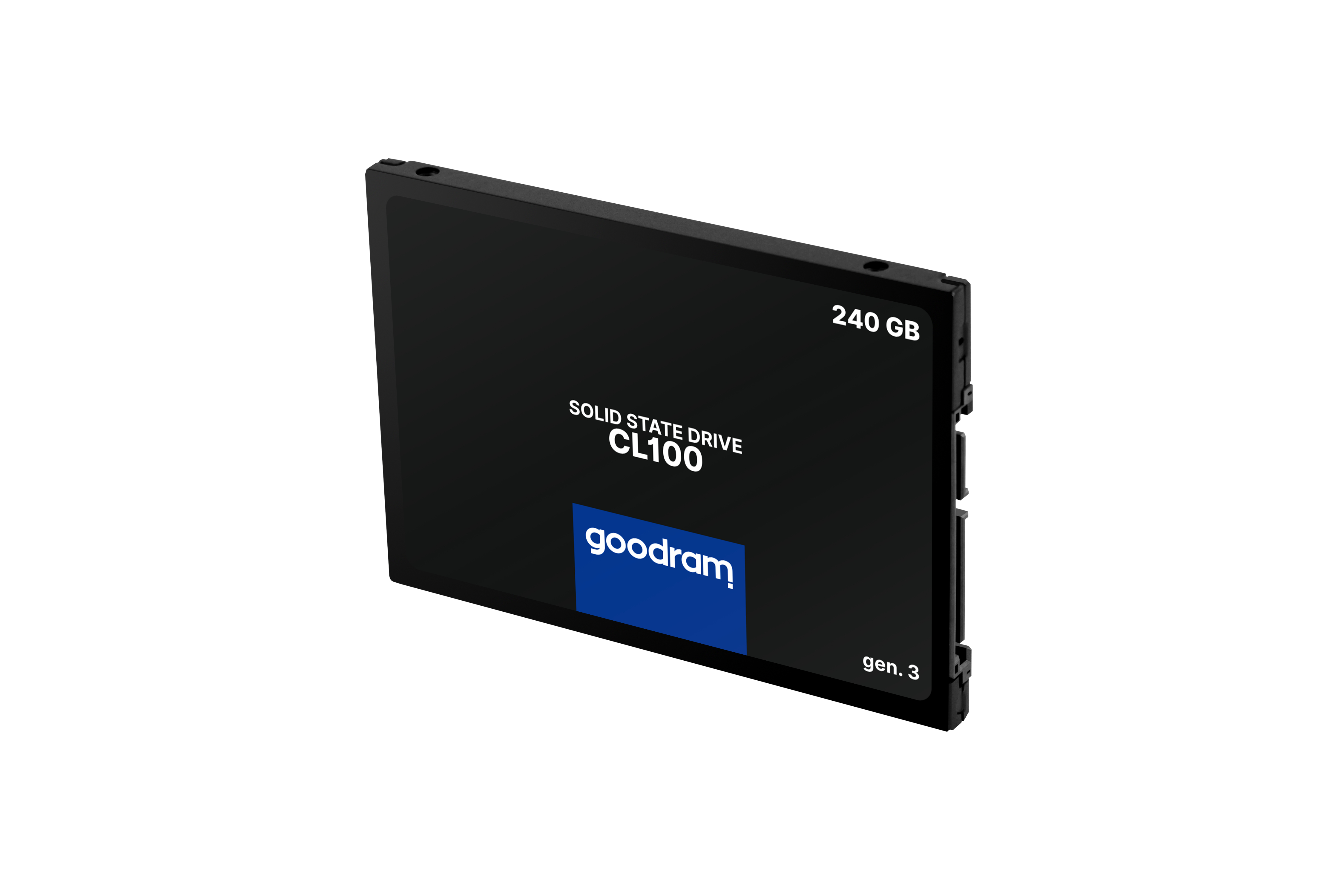 Disque SSD noir avec marquage bleu et blanc. Fond blanc.