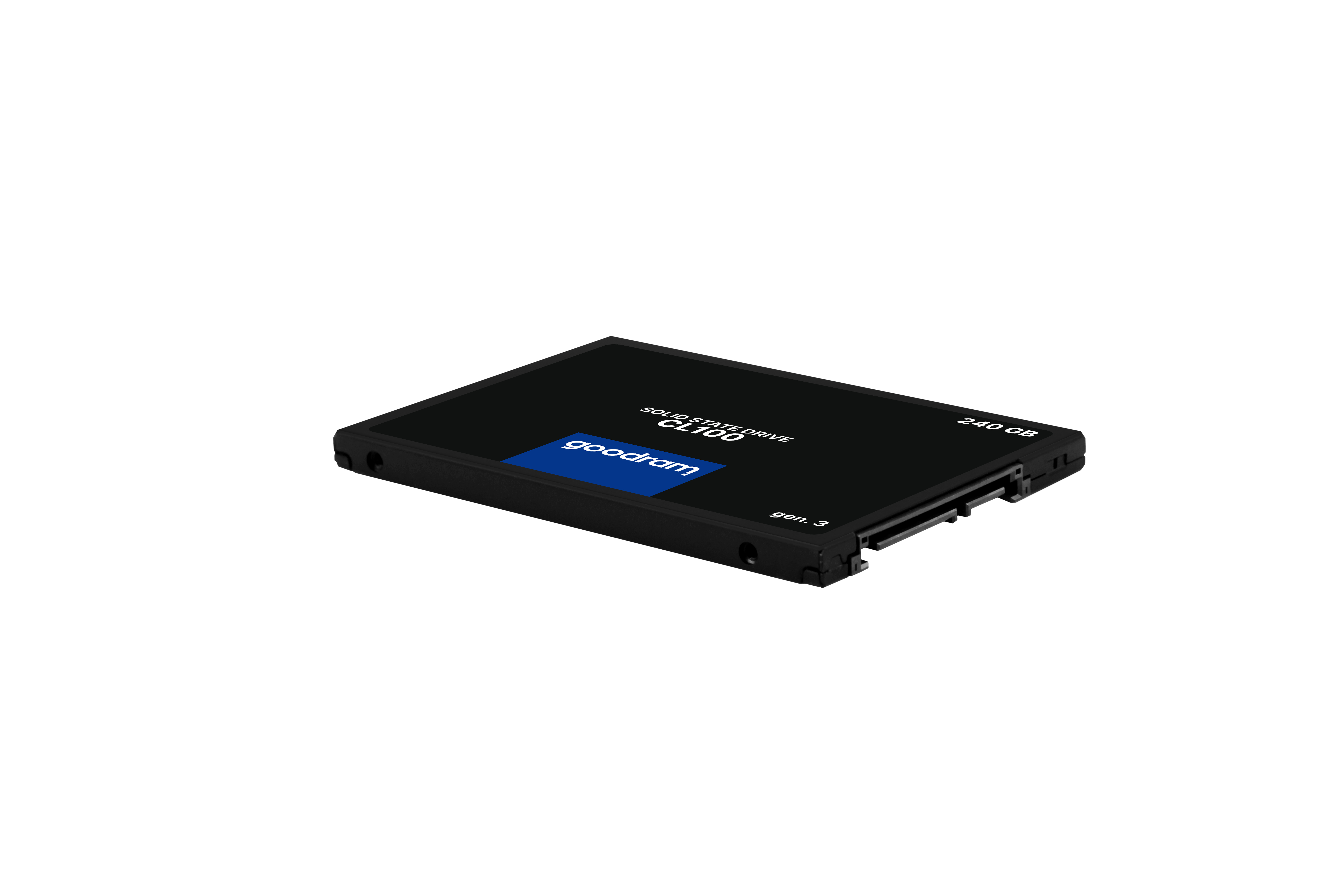 Disque SSD noir, incliné. Le disque a une étiquette bleue avec la marque 'goodram' et '240 Go'.