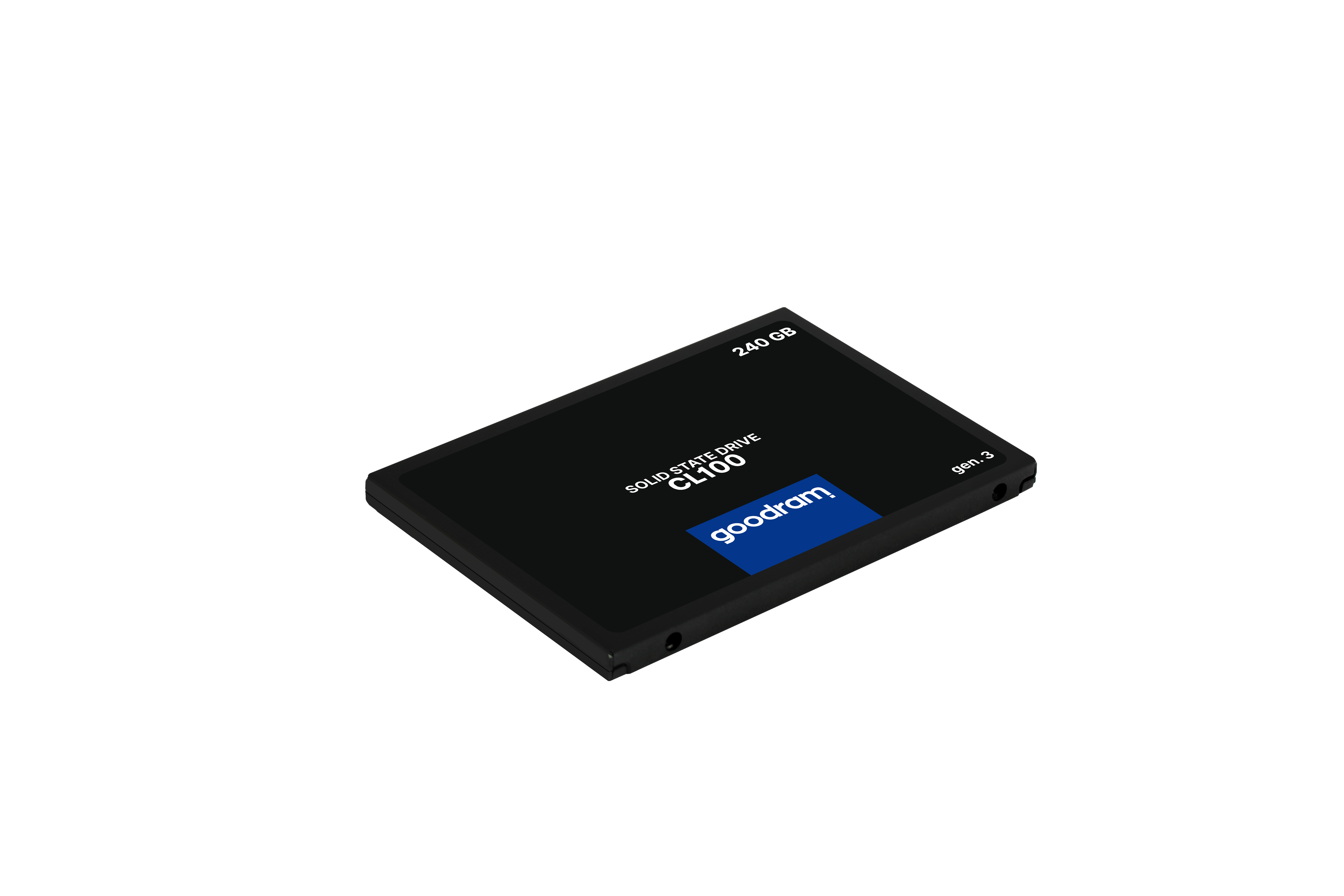 Disque SSD noir avec texte blanc et autocollant bleu.