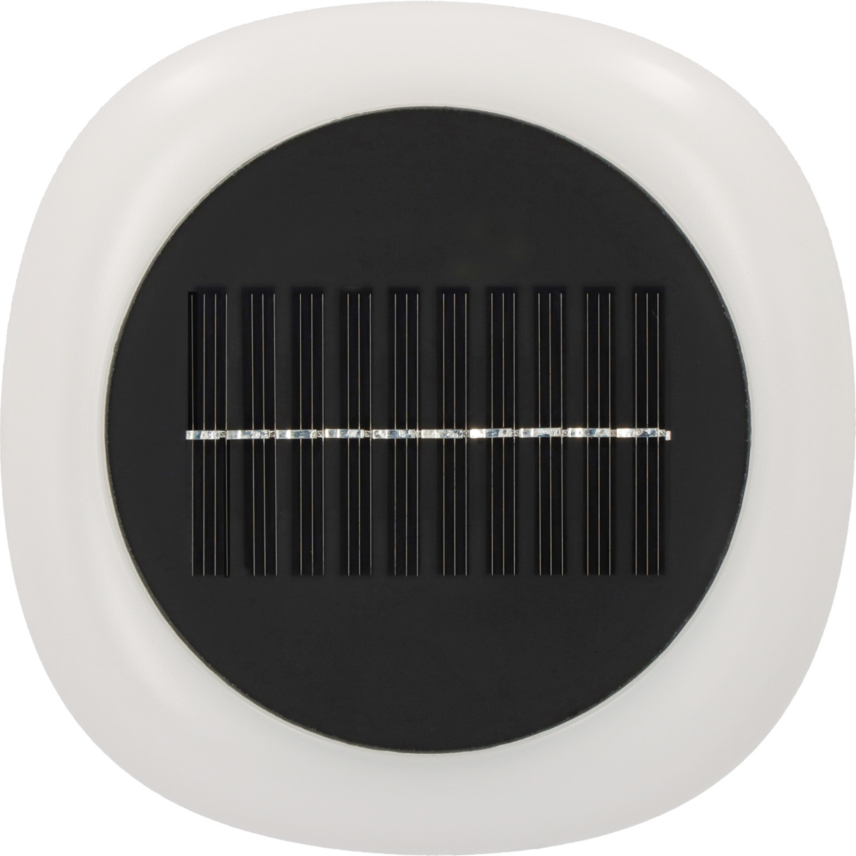 Oświetlenie ogrodowe zasilane energią słoneczną z białą obwódką i czarnym panelem słonecznym.