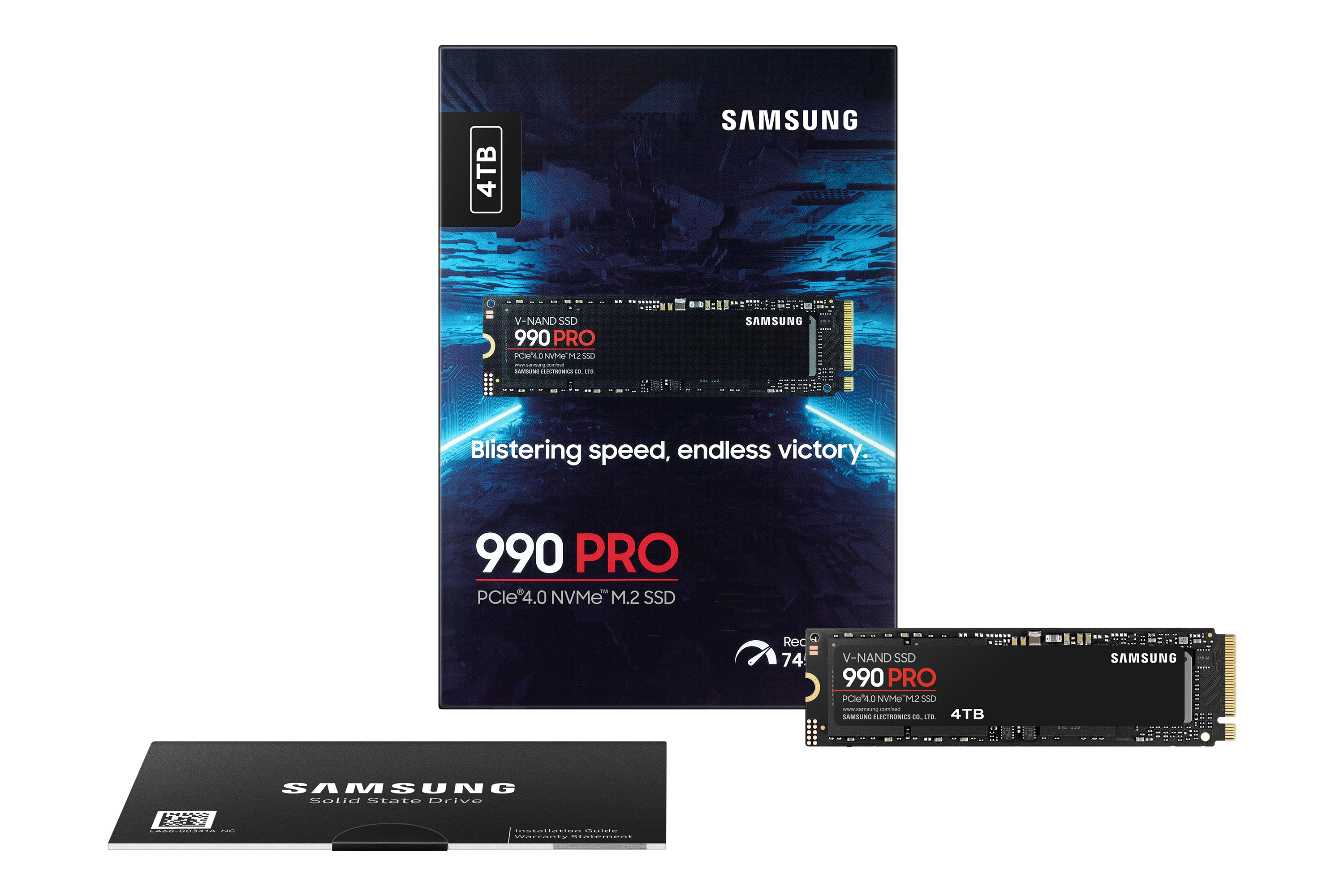 Samsung 990 PRO SSDs und Verpackung. Schwarze Kartons zeigen Produktname und Spezifikationen.