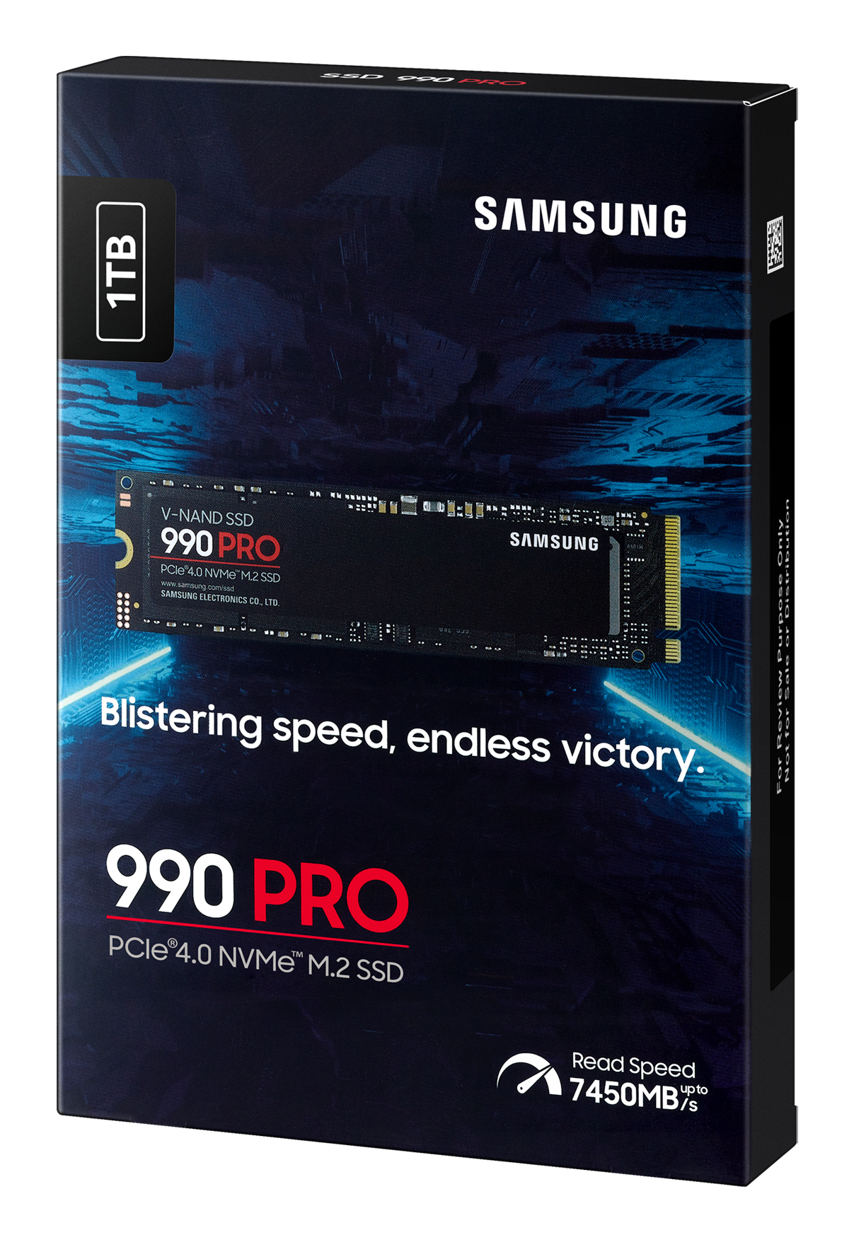 Pudełko SSD: Samsung 990 PRO, NVMe M.2, czarne. SSD w środku. 1TB.