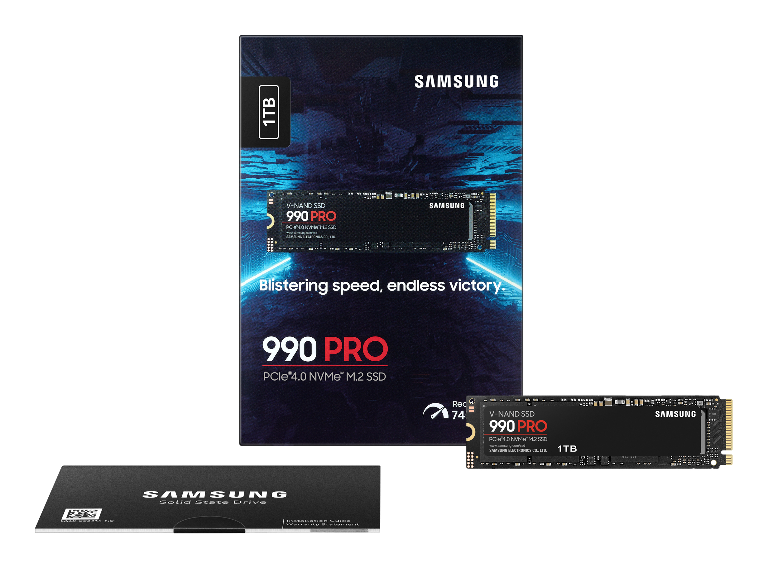 Opakowanie i dysk SSD Samsung 990 PRO z tekstem 'Blistering speed, endless victory'.