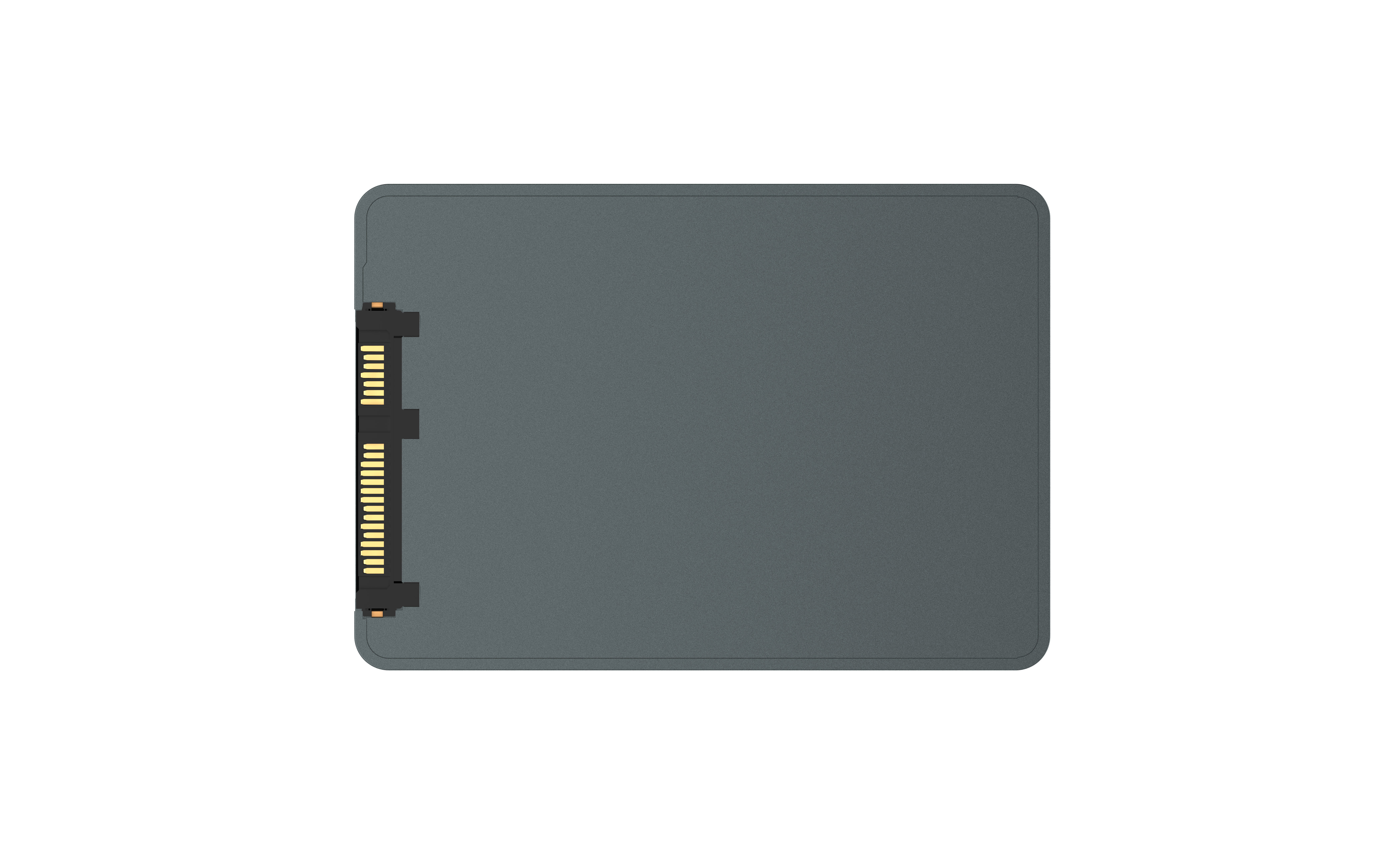 Szary dysk SSD, widok z góry, na białym tle.