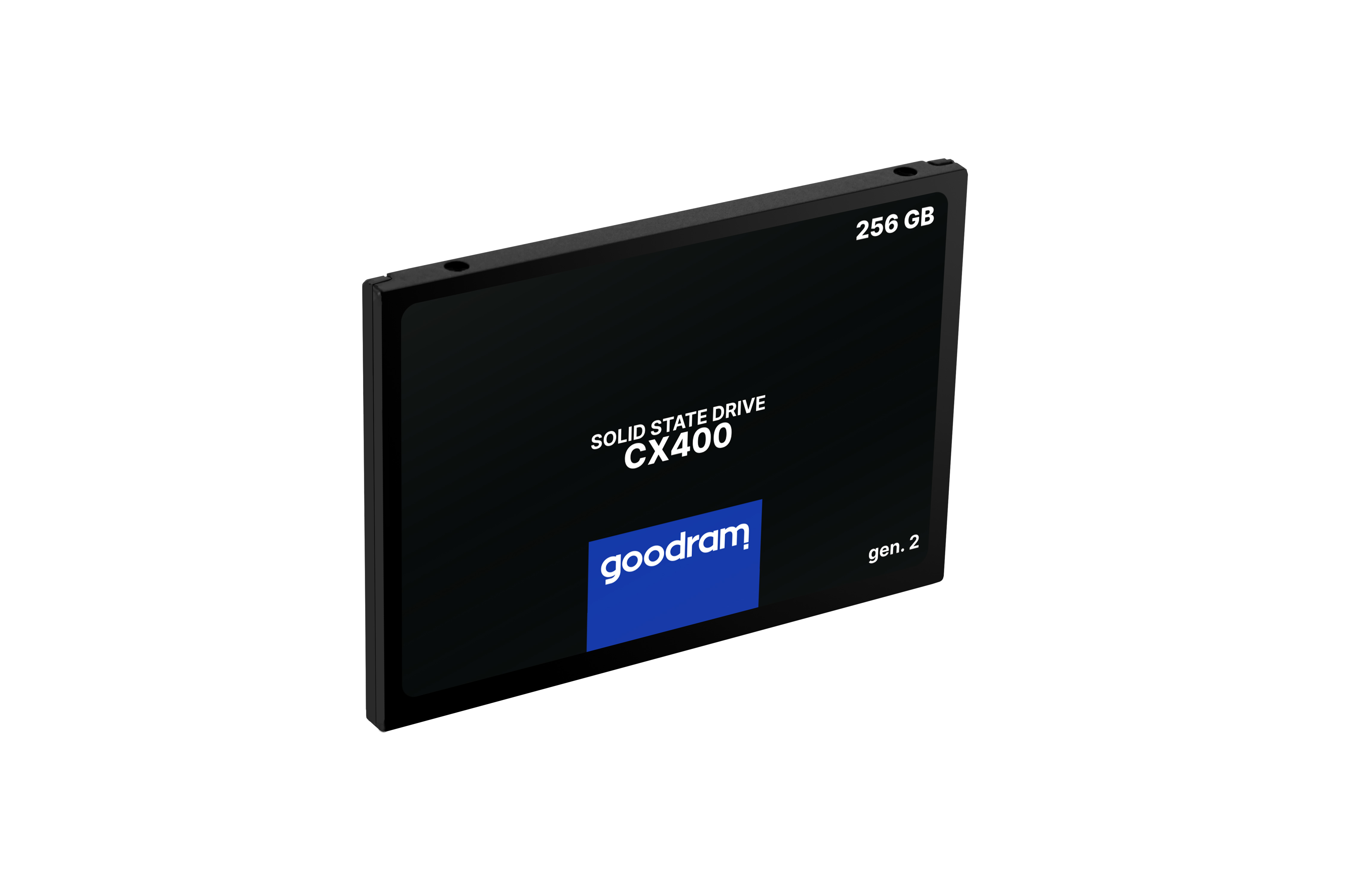 Disque SSD Goodram CX400 noir de 256 Go, vu en angle sur fond blanc.