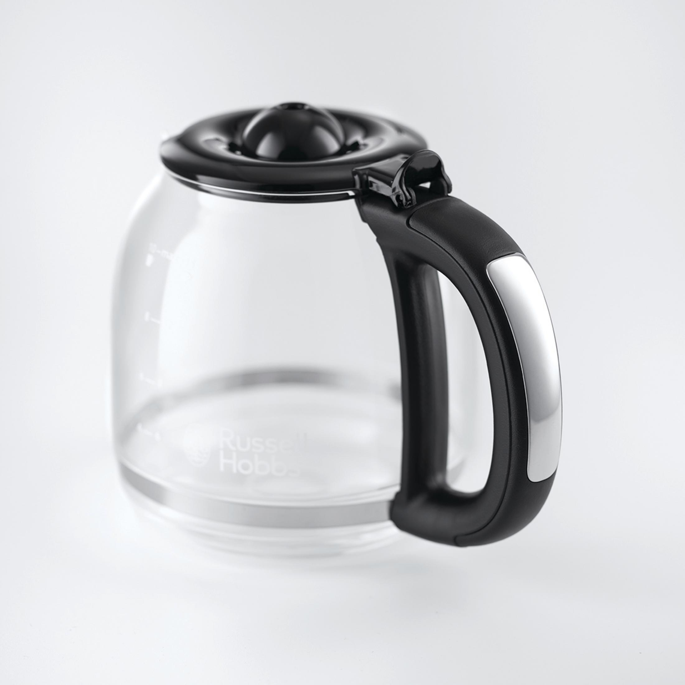 Siyah saplı ve kapaklı şeffaf cam Russell Hobbs kahve sürahisi.