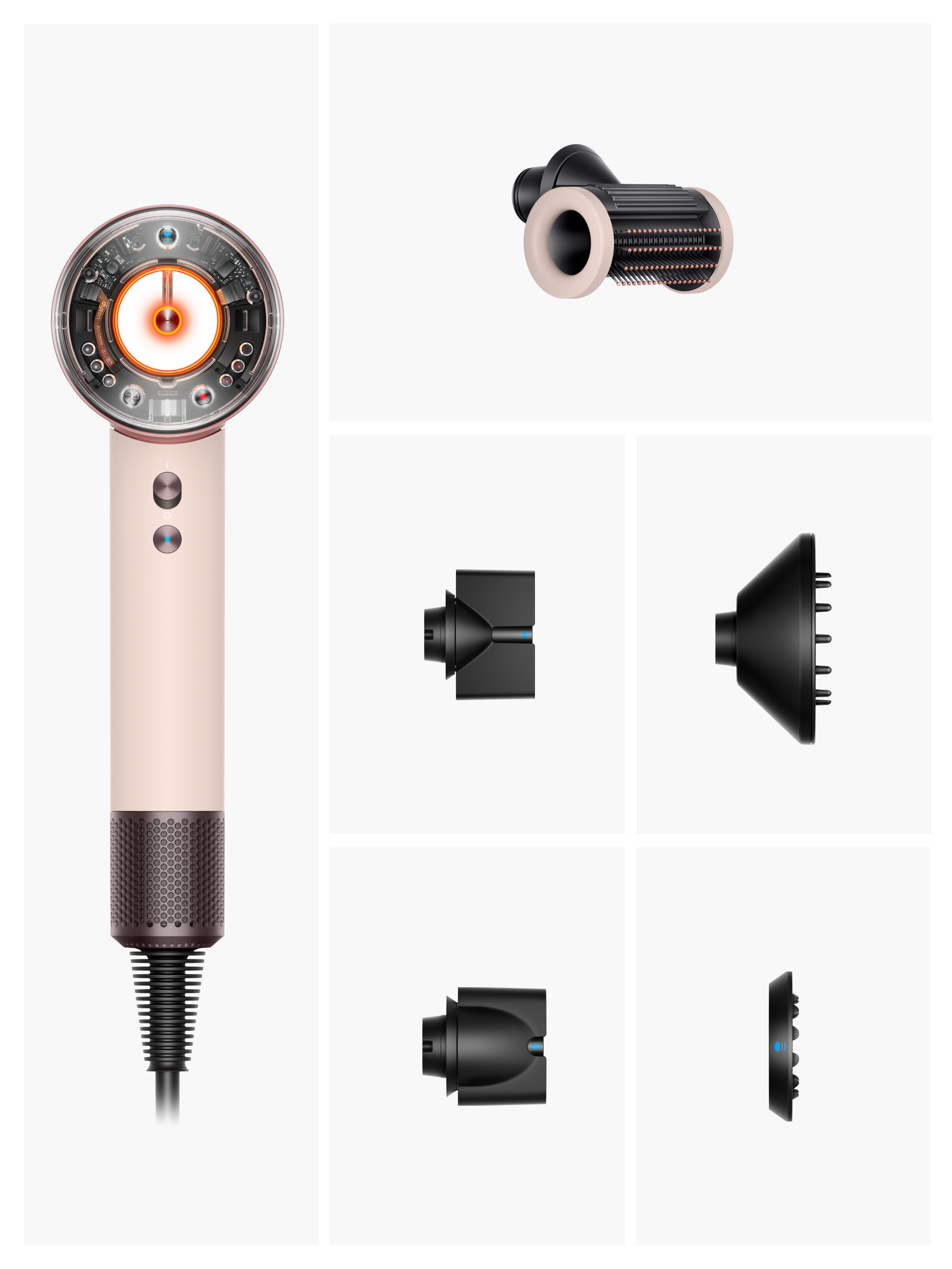 Un sèche-cheveux démonté, avec de multiples accessoires. Une poignée rose pâle et marron est également présente.