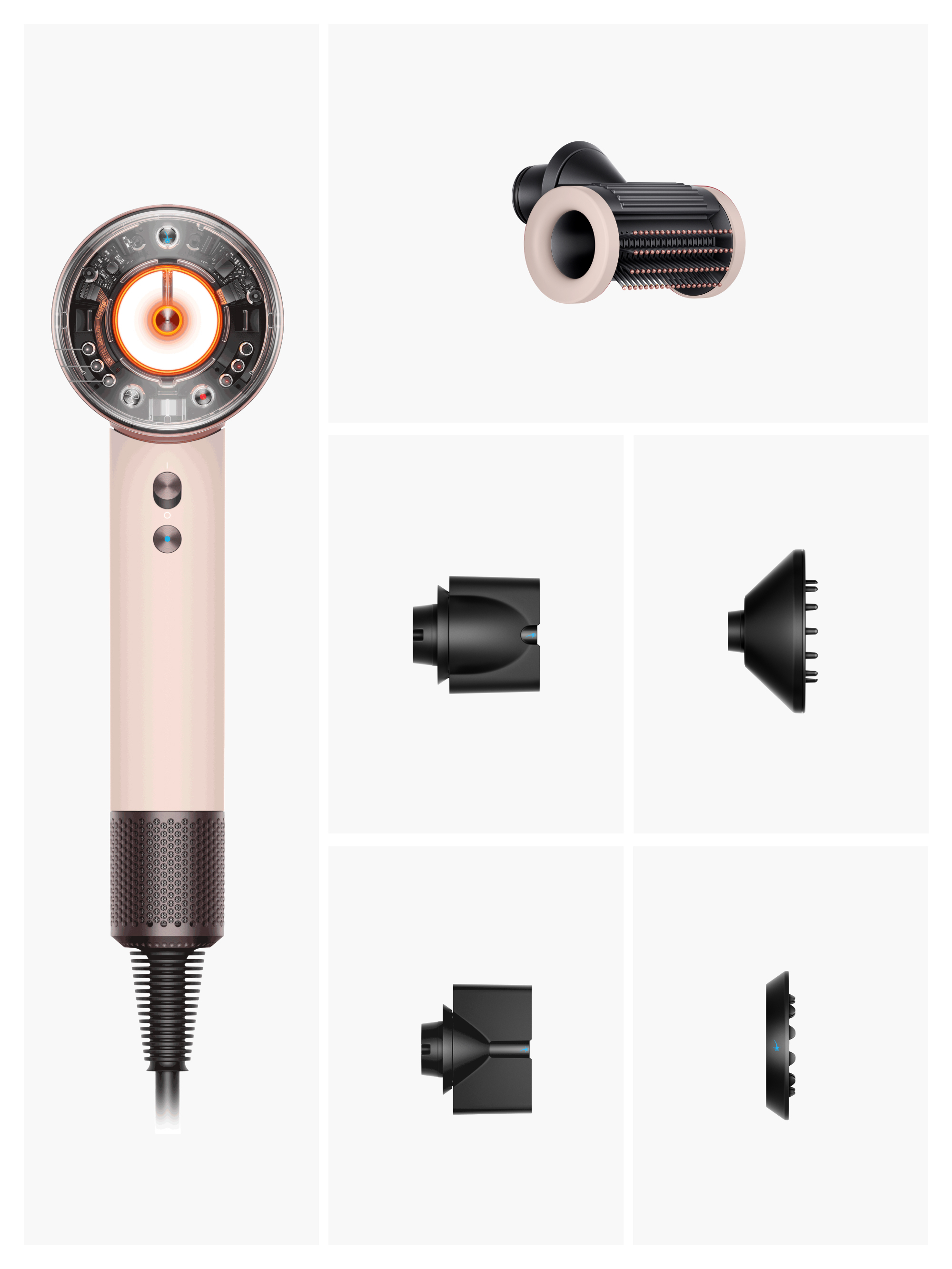 Sèche-cheveux Dyson et accessoires, démontés, pêche, argent et noir, fond blanc.