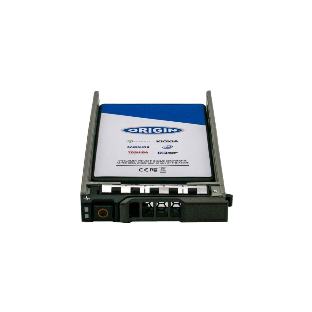 Unità a stato solido in cornice argento. Etichetta blu: ORIGIN, SAMSUNG, TOSHIBA, KIOXIA, INTEL. Esclusione di responsabilità.
