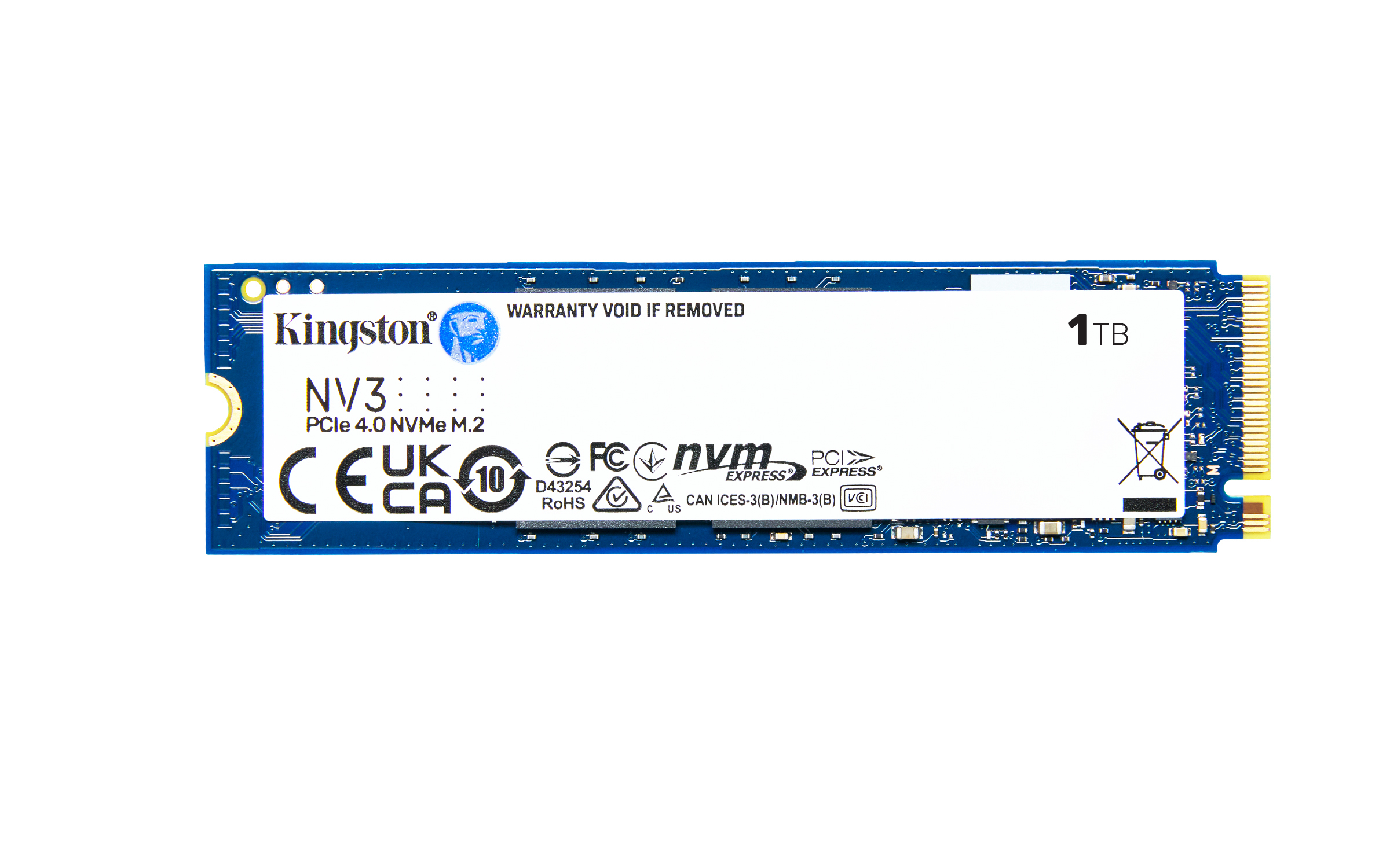 Un SSD Kingston NV3 blu, etichetta bianca con testo, su bianco.