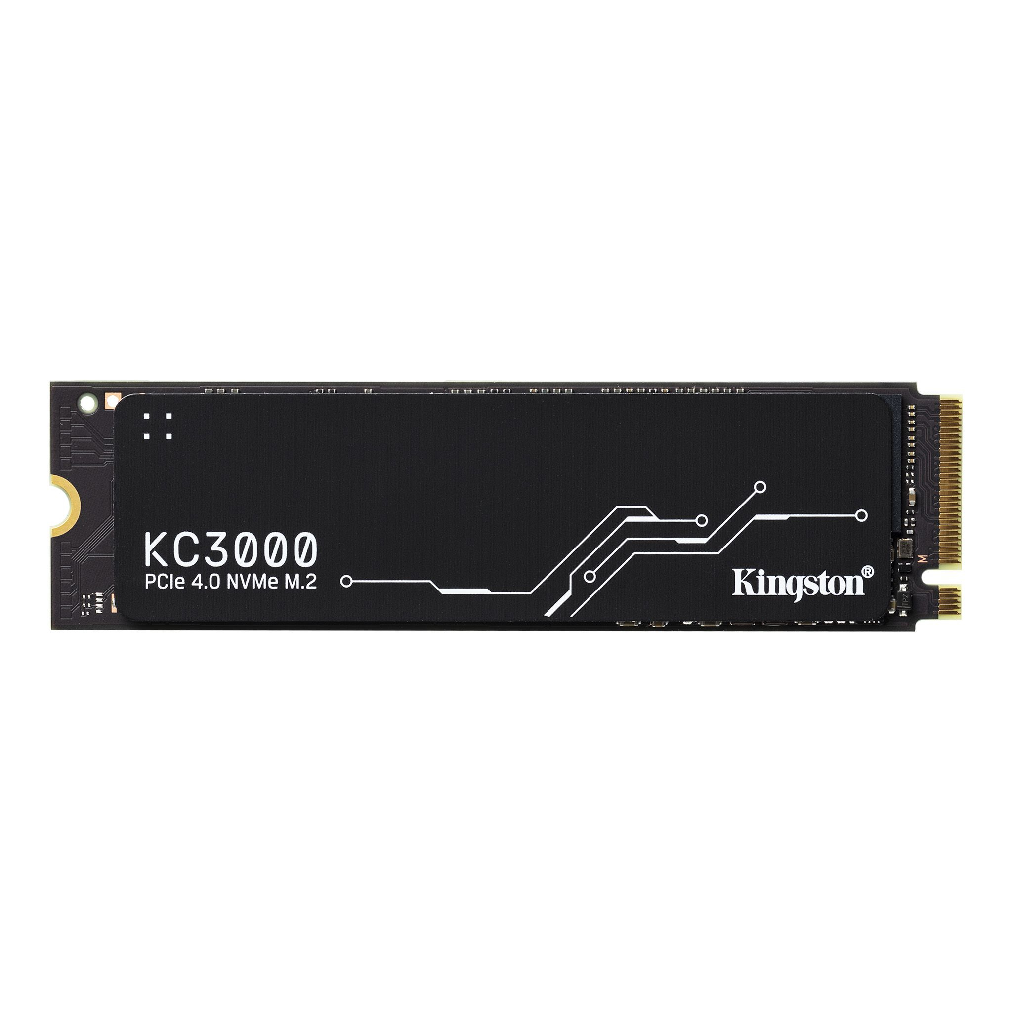SSD Kingston KC3000 nero su bianco. Linee e testo bianchi.