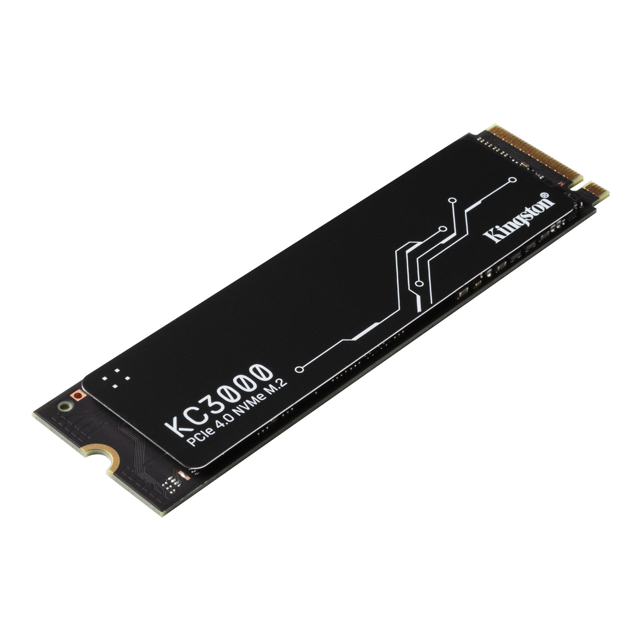 SSD Kingston KC3000 nero su bianco. Testo e linee bianche.