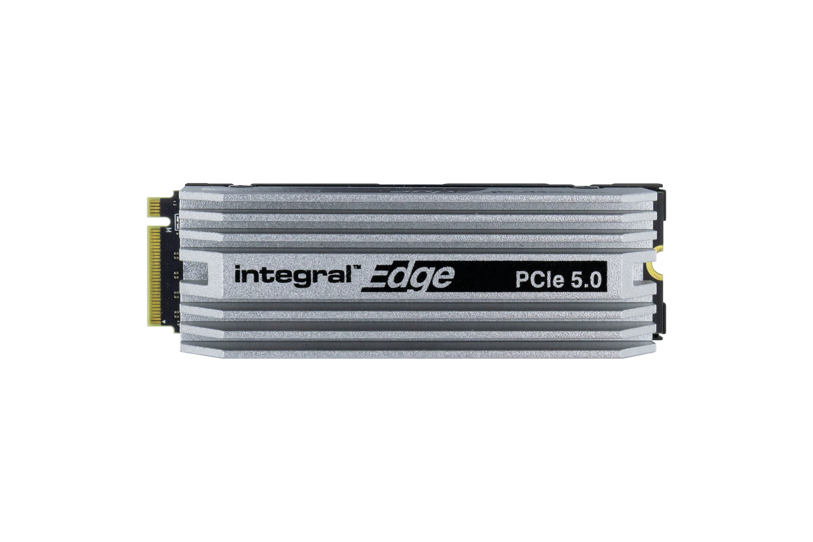 Srebrny dysk SSD Integral Edge PCIe 5.0 na białym tle. Czarny tekst.