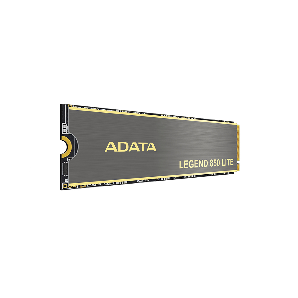 ADATA LEGEND 850 LITE SSD. Altın metinli, gri SSD, açılı görünüm.