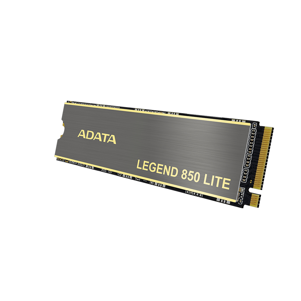 ADATA Legend 850 Lite SSD, gri ve altın rengi, beyaz bir zeminde.