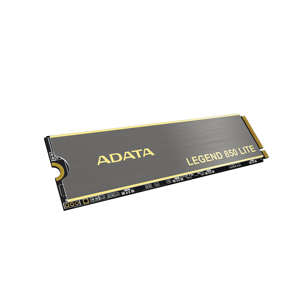 ADATA Legend 850 Lite SSD, gri ve altın rengi, beyaz bir yüzeyde açılı.