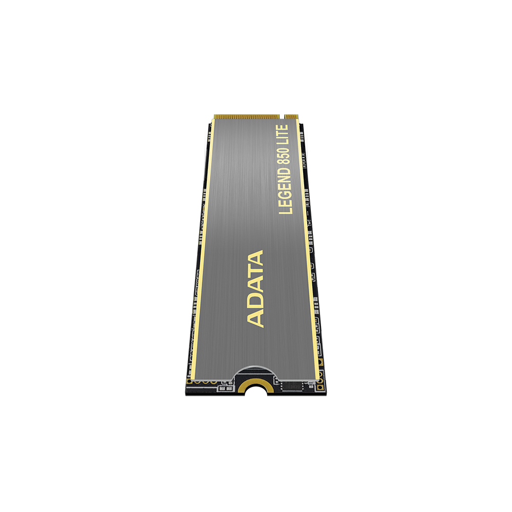 ADATA Legend 850 Lite SSD beyaz zeminde. Siyah ve altın rengi.