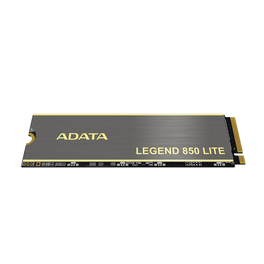 ADATA LEGEND 850 LITE SSD. Altın metinli, gri SSD, üstten görünüm.