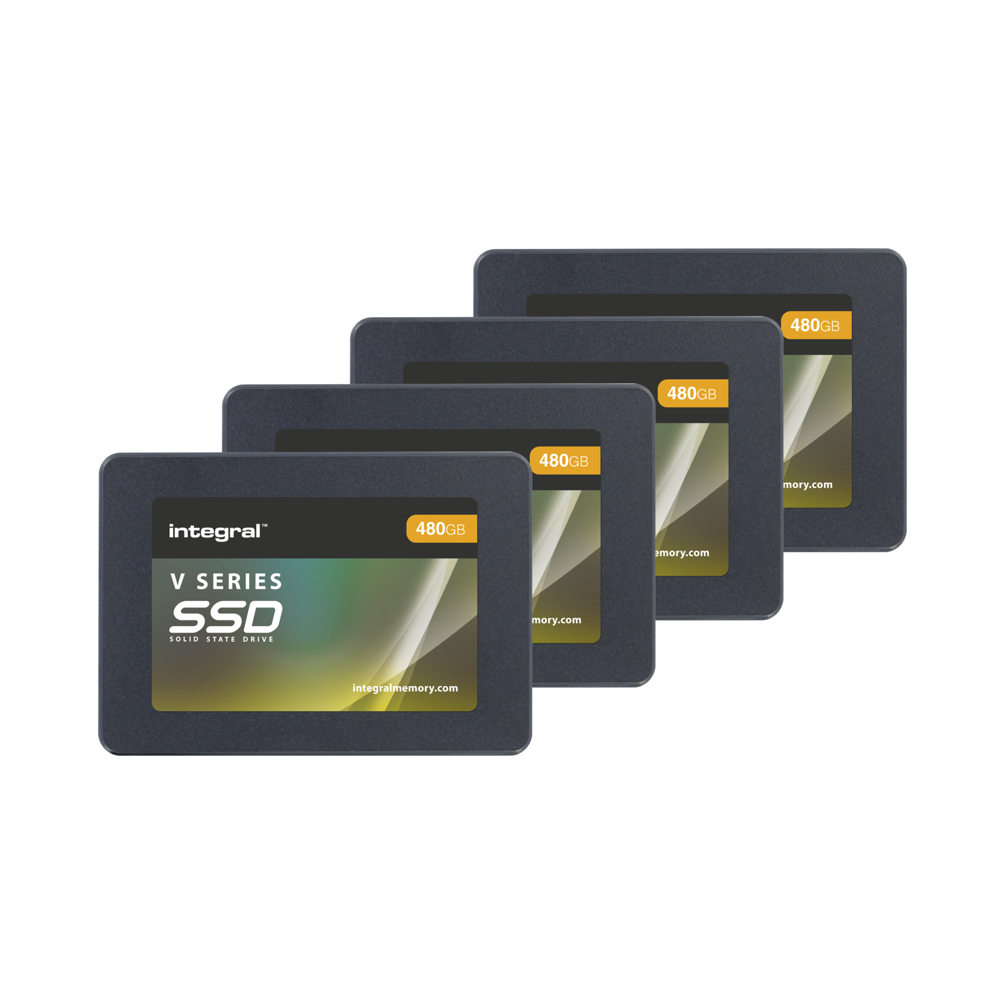 Quattro SSD neri con etichette arancioni e nere su sfondo bianco. Il marchio è Integral.