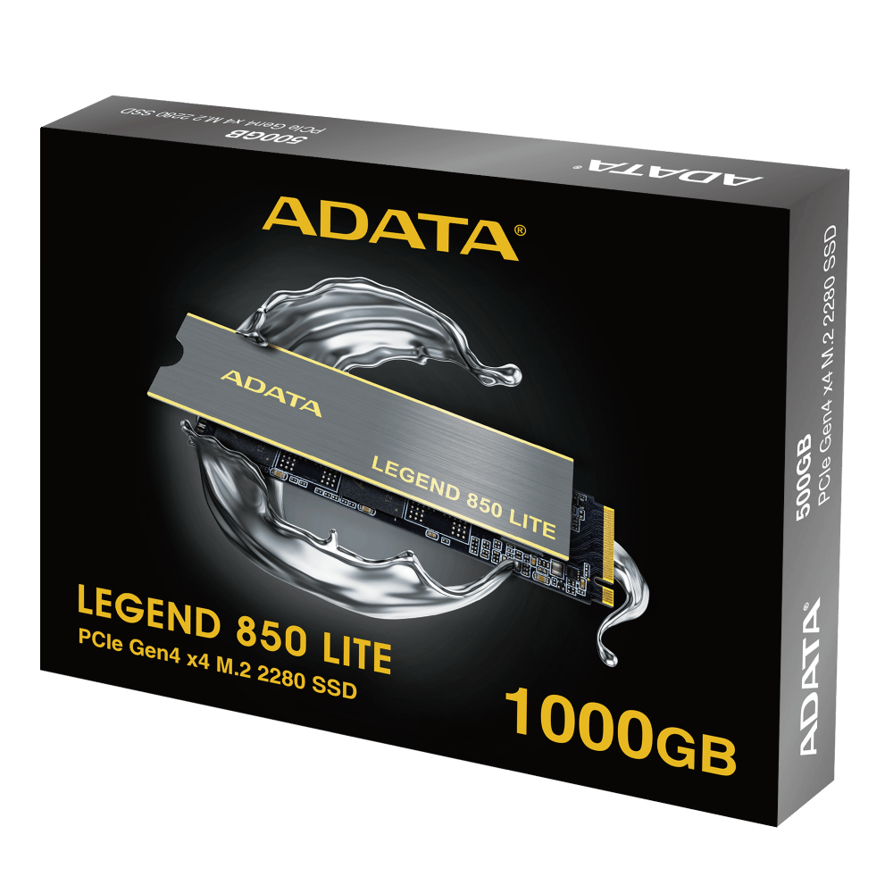 ADATA Legend 850 Lite SSD kutusu, siyah, sıçrama, 1000GB, altın metin.