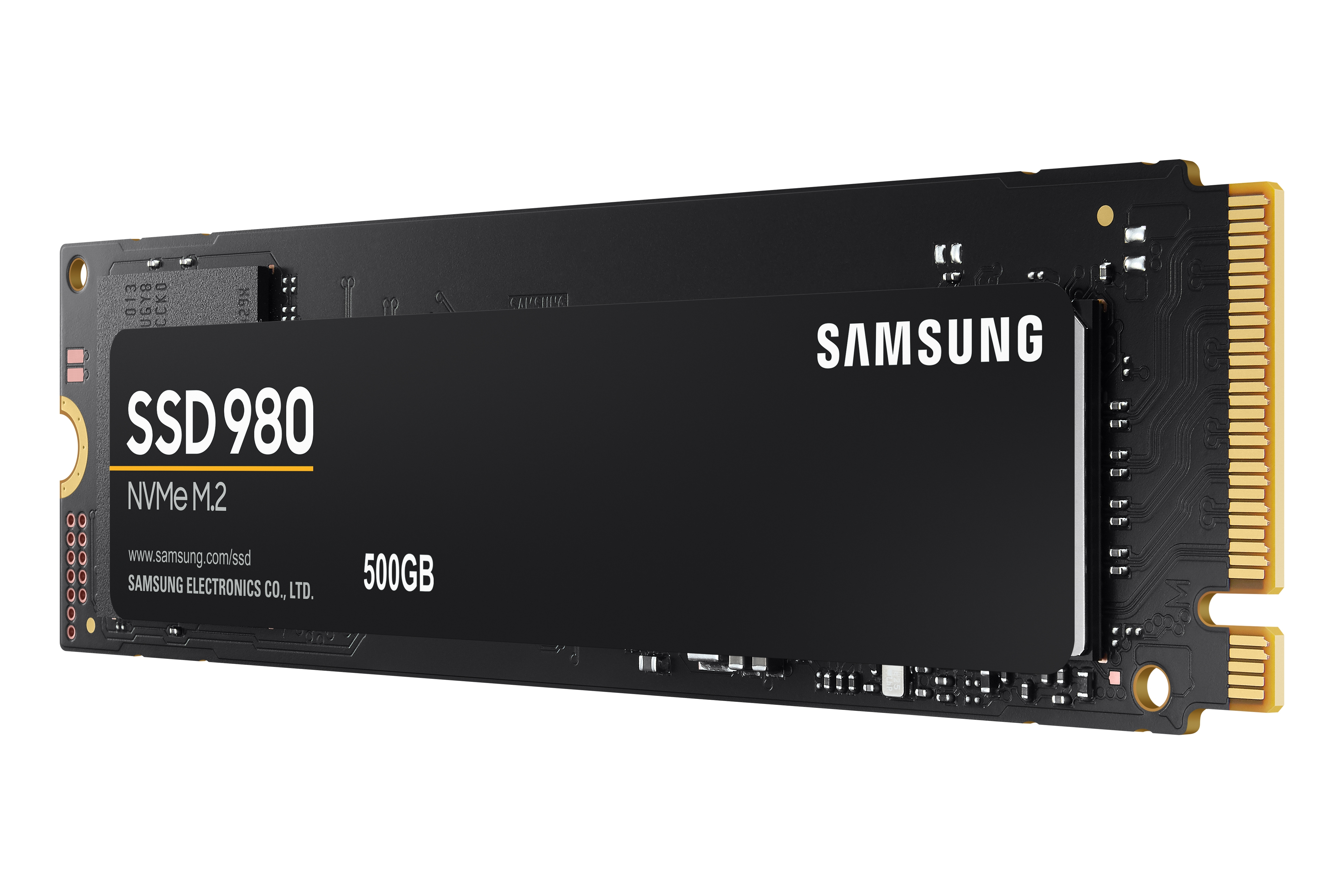 SSD Samsung noire avec texte 'SSD 980'. Fond blanc.